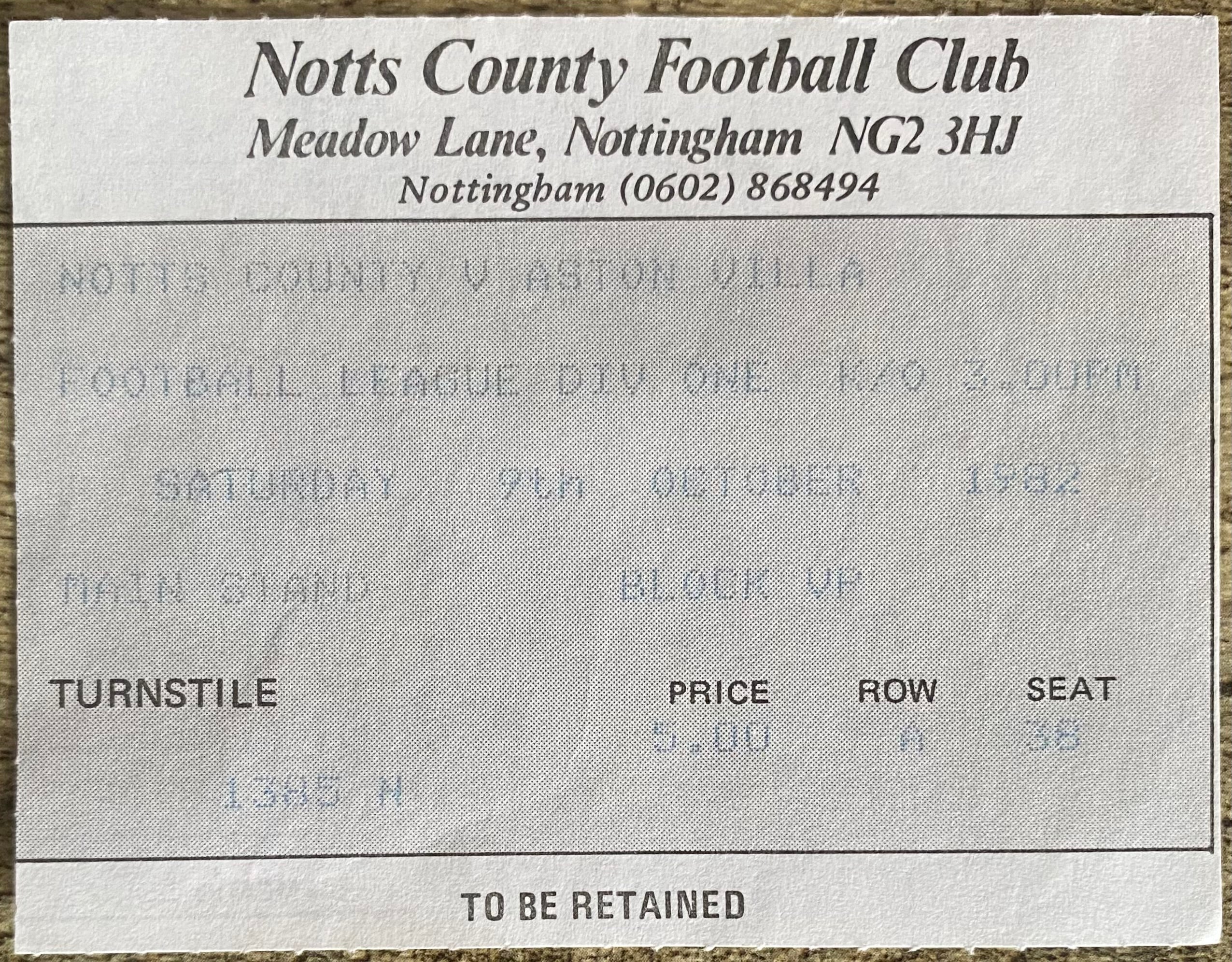 1982/83 ORIGINAL DIVISION 1 TICKET NOTTS COUNTY V ASTON VILLA