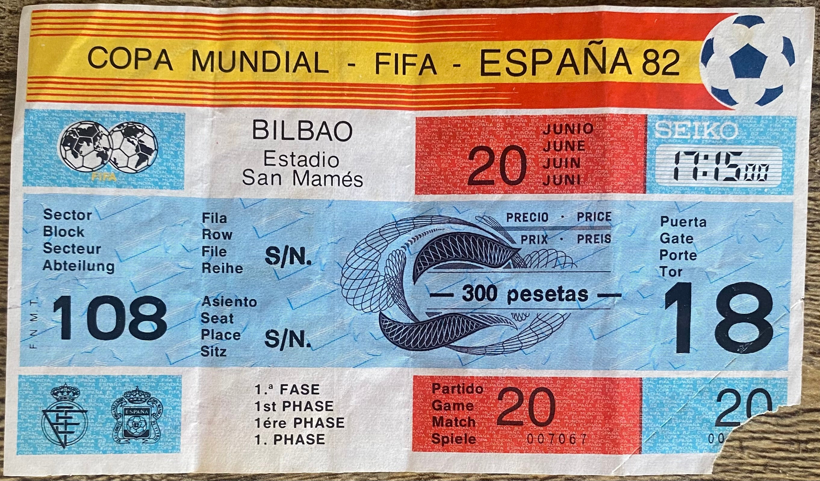 1982 ORIGINAL WORLD CUP 1ST ROUND TICKET ENGLAND V CZECHOSLOVAKIA @ BILBAO