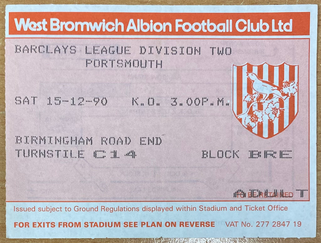 1990/91 ORIGINAL DIVISION 2 TICKET WEST BROMWICH ALBION V PORTSMOUTH