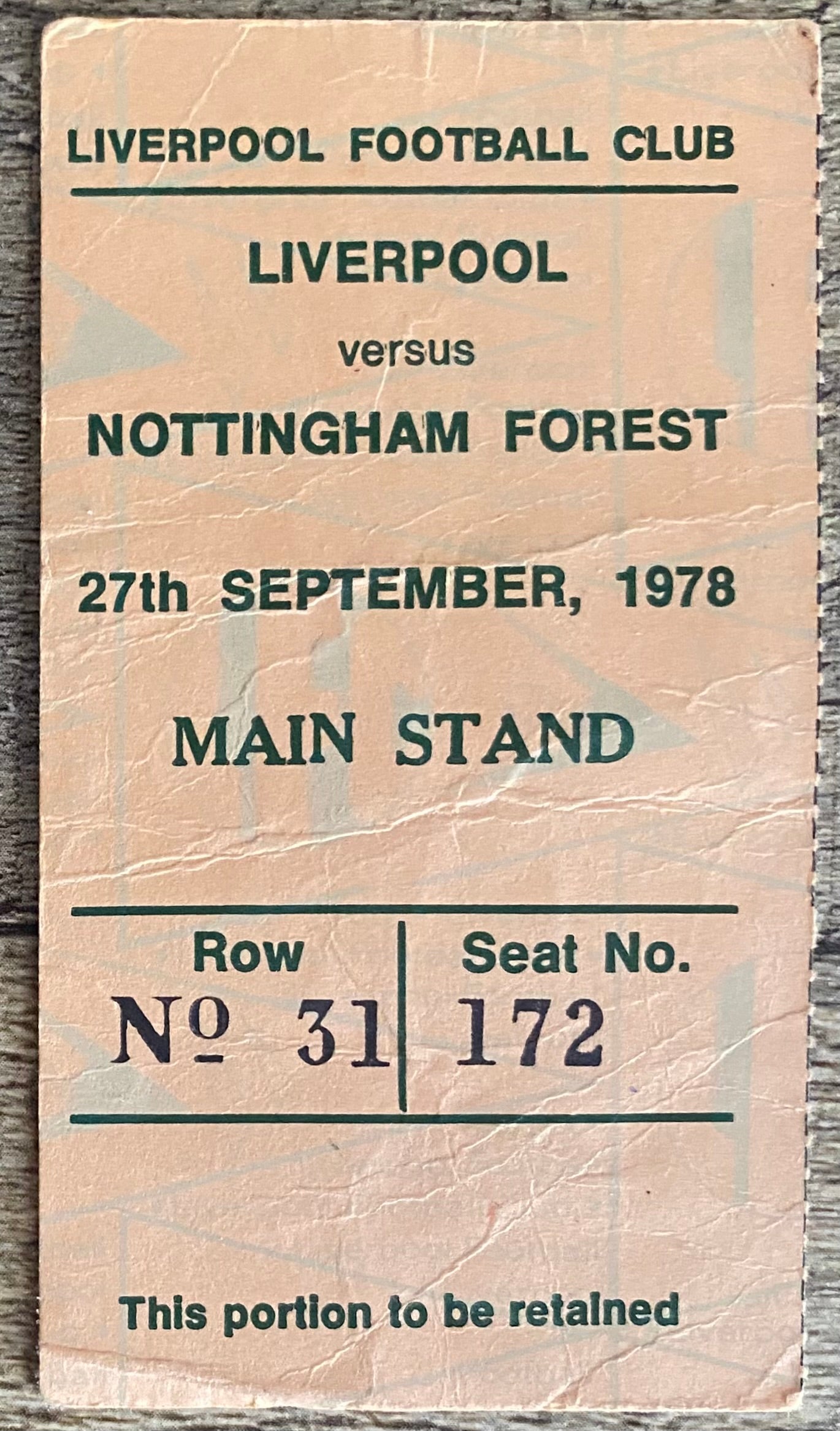 1978/79  ORIGINAL EUROPEAN CUP 1ST ROUND 2ND LEG TICKET LIVERPOOL V NOTTINGHAM FOREST