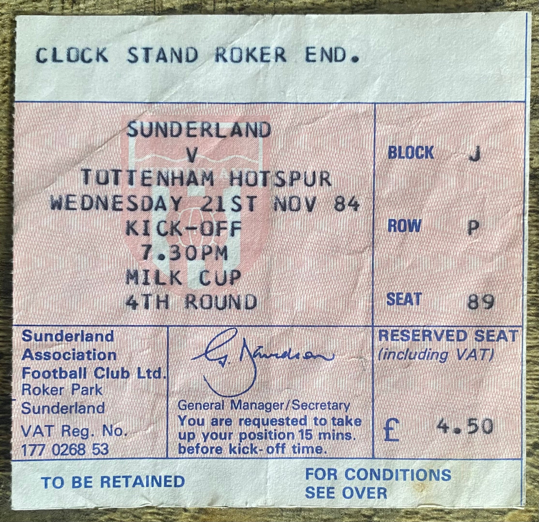 1984/85 ORIGINAL MILK CUP 4TH ROUND TICKET SUNDERLAND V TOTTENHAM HOTSPUR