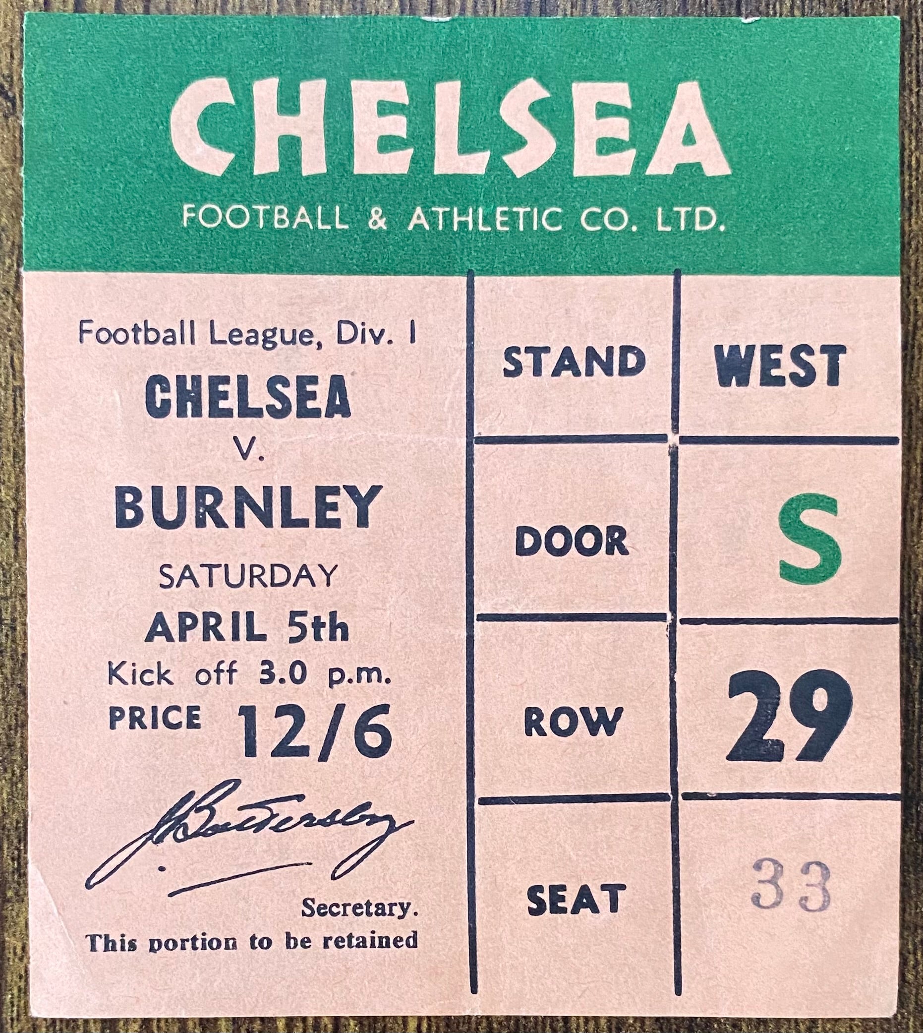 1968/69 ORIGINAL  DIVISION 1 TICKET CHELSEA V BURNLEY