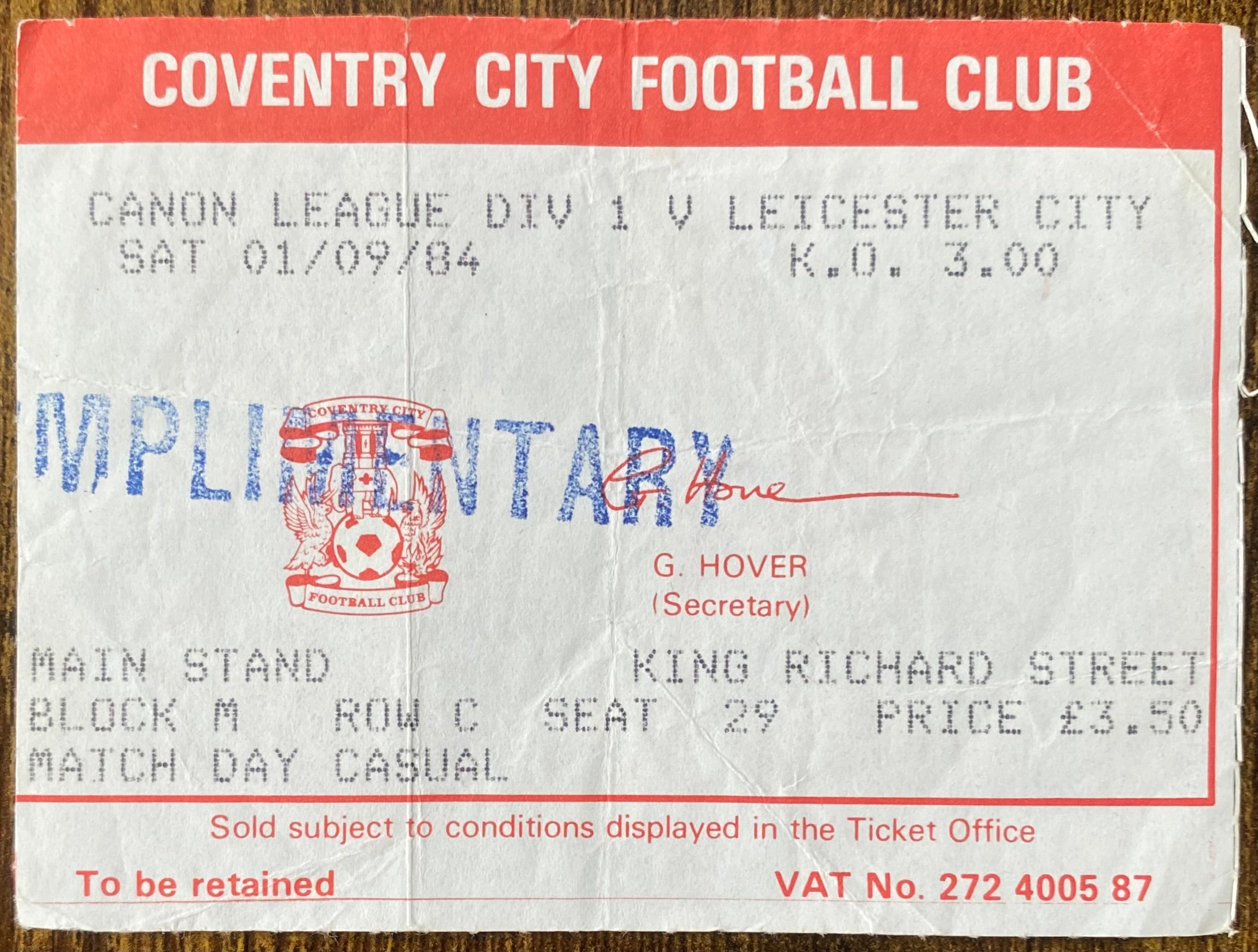 1984/85 ORIGINAL DIVISION 1 TICKET COVENTRY CITY V LEICESTER CITY
