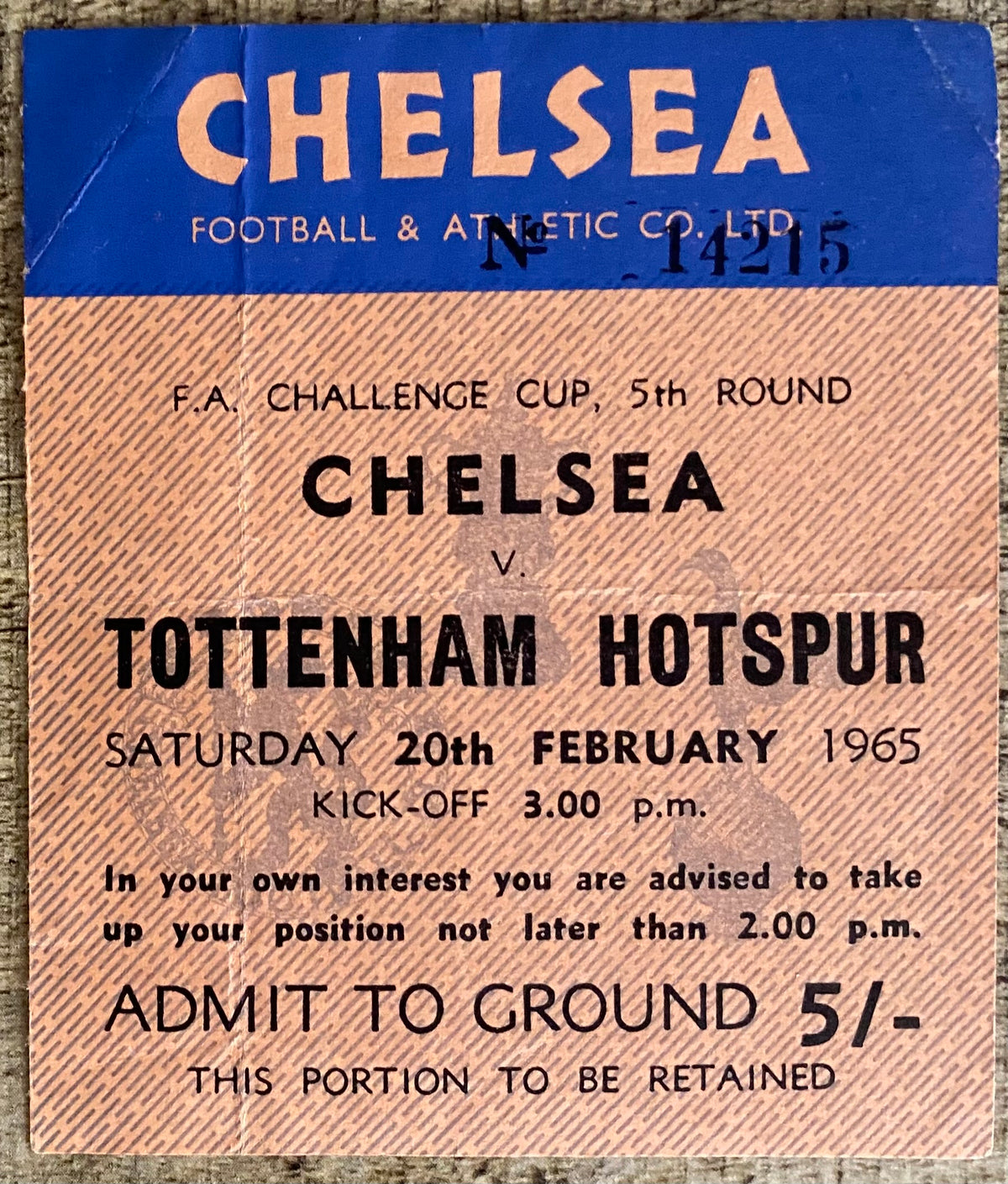 1964/65 ORIGINAL FA CUP 5TH ROUND TICKET CHELSEA V TOTTENHAM HOTSPUR