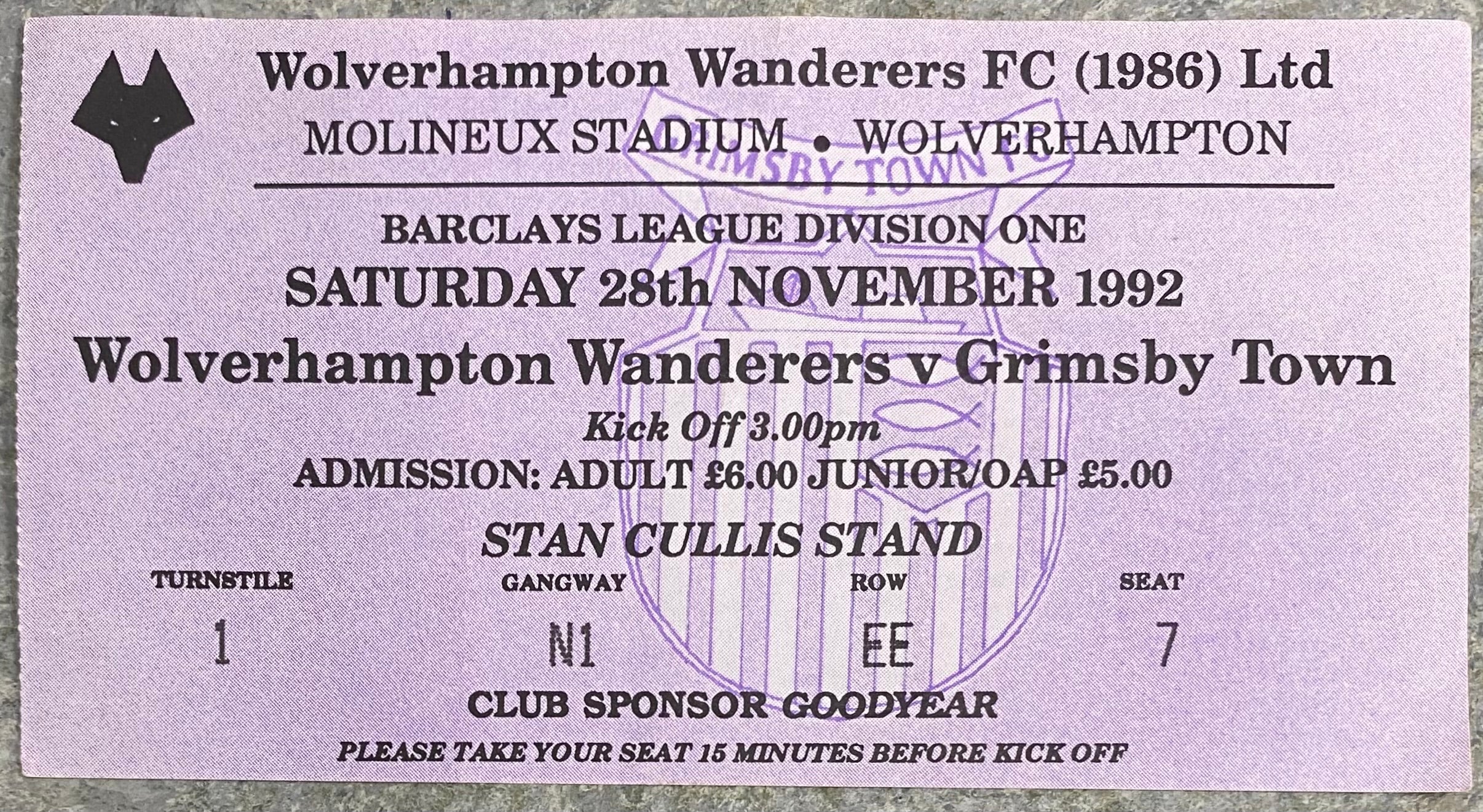 1992/93 ORIGINAL DIVISION 1 TICKET WOLVERHAMPTON WANDERERS V GRIMSBY TOWN