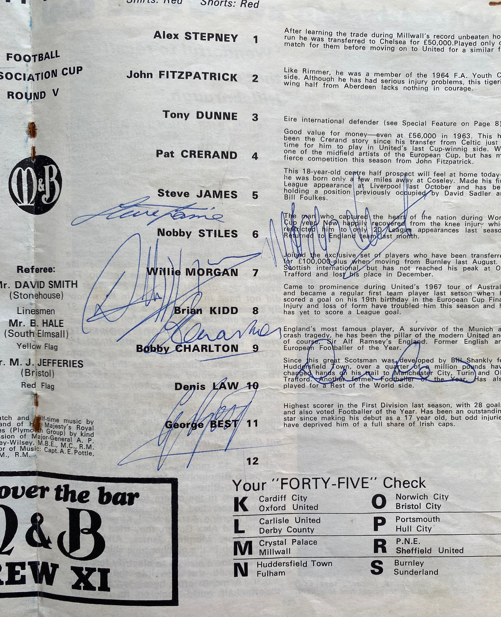 1968/69 ORIGINAL FA CUP 5TH ROUND PROGRAMME AND TICKET  BIRMINGHAM CITY V MANCHESTER UNITED (SIGNED BY BEST, LAW & CHARLTON)