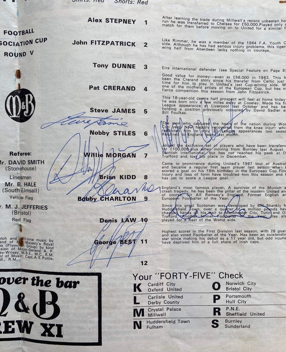 1968/69 ORIGINAL FA CUP 5TH ROUND PROGRAMME AND TICKET  BIRMINGHAM CITY V MANCHESTER UNITED (SIGNED BY BEST, LAW & CHARLTON)