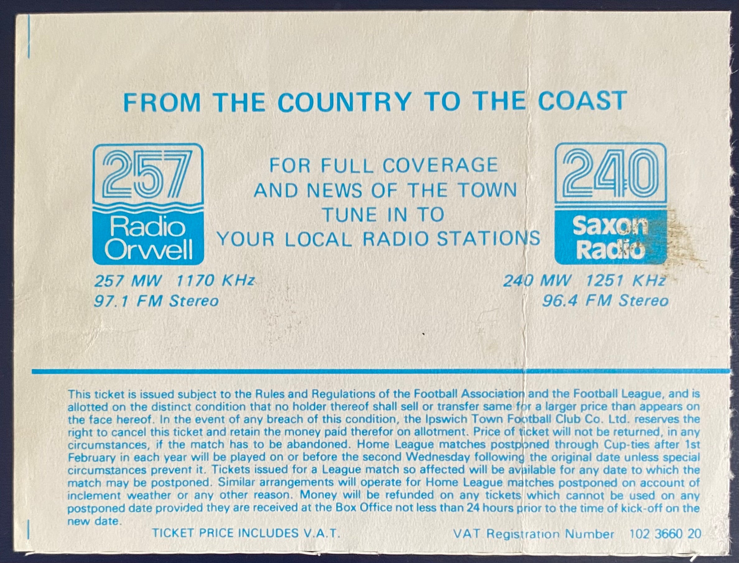 1986/87 ORIGINAL DIVISION 2 TICKET IPSWICH TOWN V LEEDS UNITED