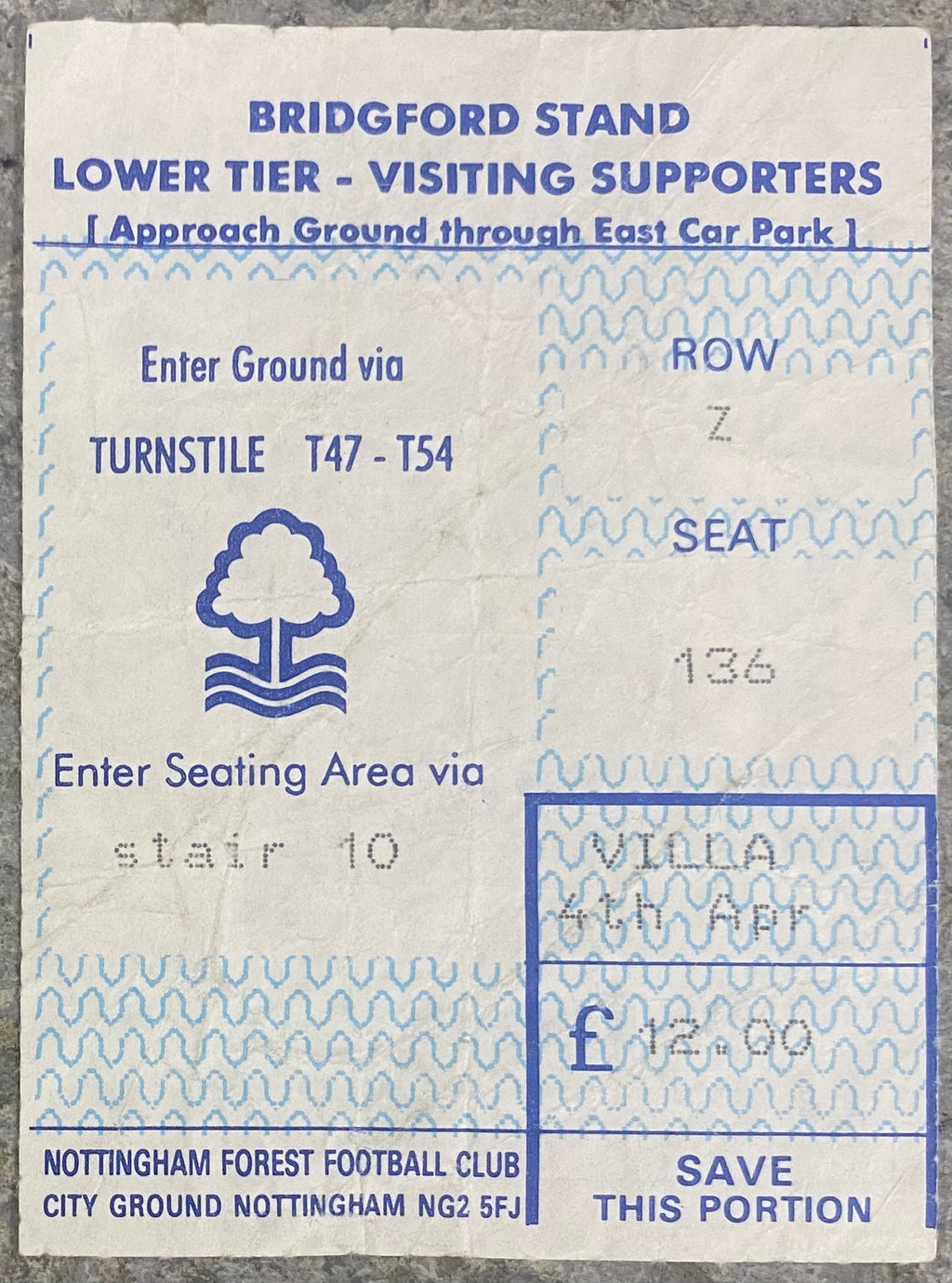 1992/93 ORIGINAL PREMIER LEAGUE TICKET NOTTINGHAM FOREST V ASTON VILLA