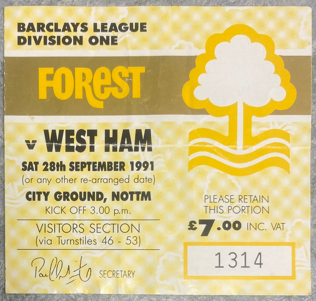 1991/92 ORIGINAL DIVISION 1 TICKET NOTTINGHAM FOREST V WEST HAM UNITED