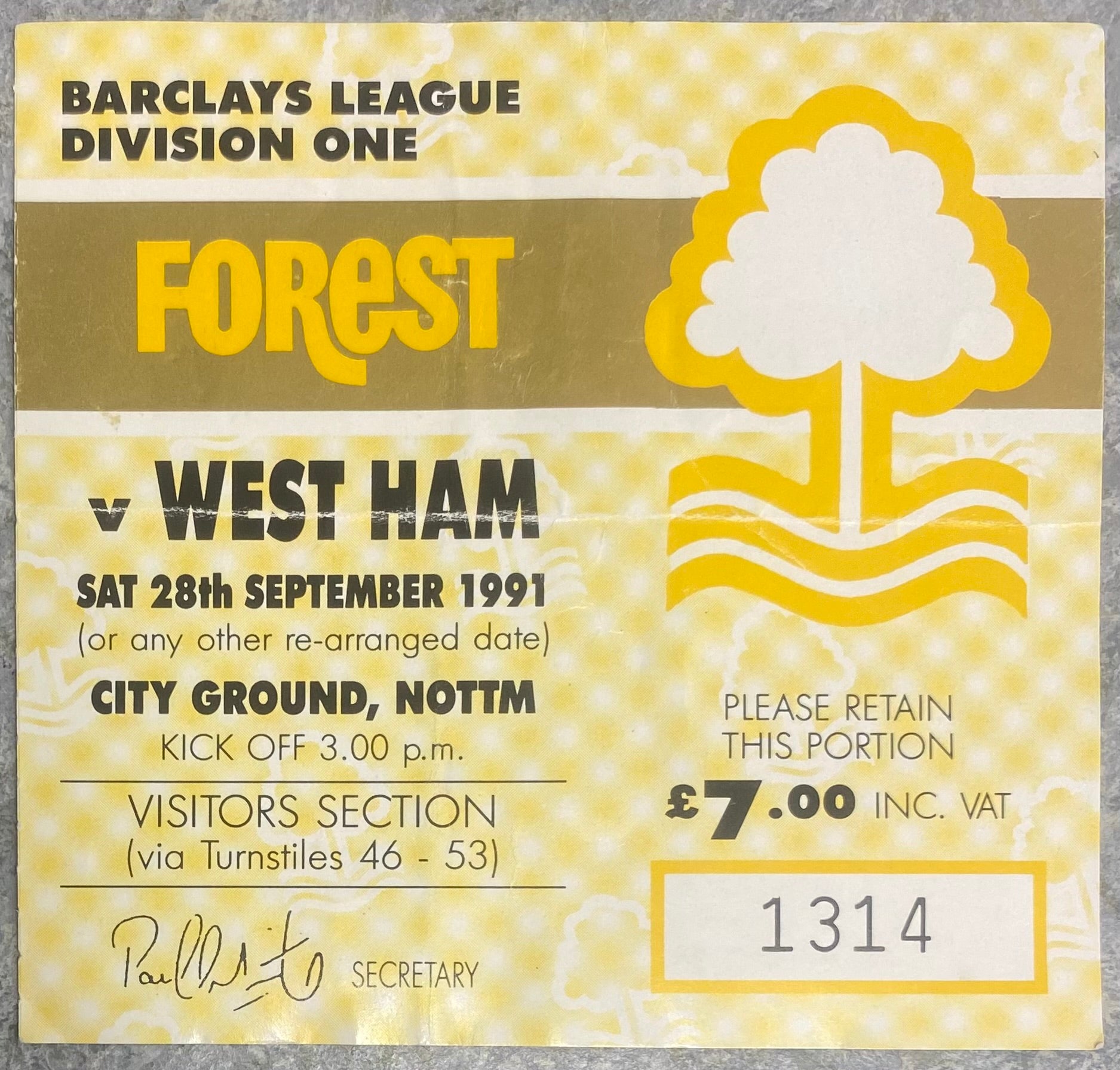 1991/92 ORIGINAL DIVISION 1 TICKET NOTTINGHAM FOREST V WEST HAM UNITED