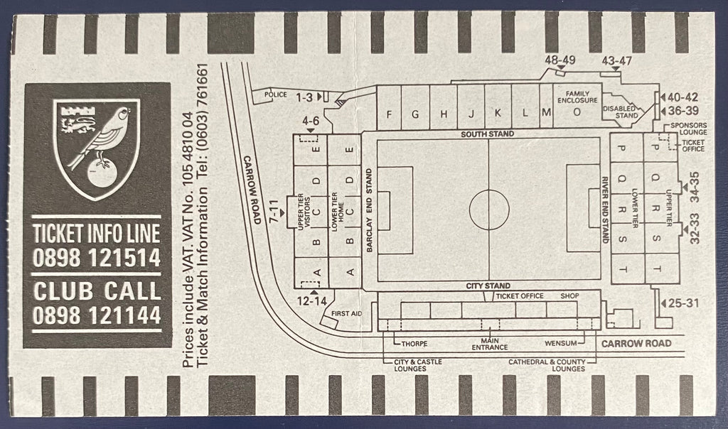 1992/93 ORIGINAL FA PREMIER LEAGUE TICKET NORWICH CITY V ASTON VILLA