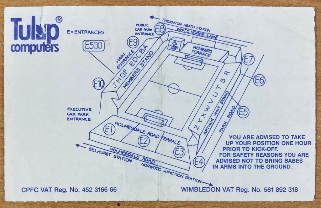 1991/92 ORIGINAL DIVISION 1 TICKET CRYSTAL PALACE V SHEFFIELD WEDNESDAY
