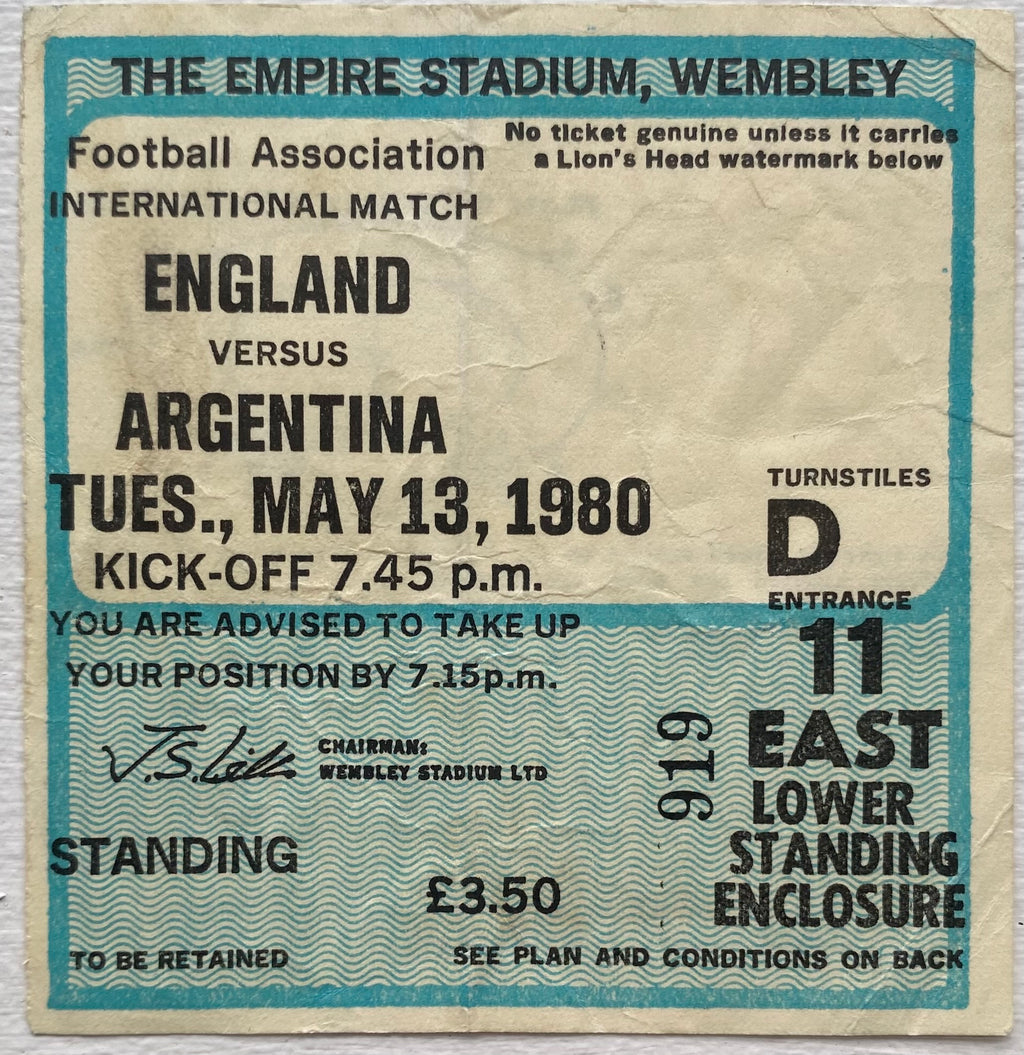 1980 ORIGINAL INTERNATIONAL TICKET ENGLAND V ARGENTINA