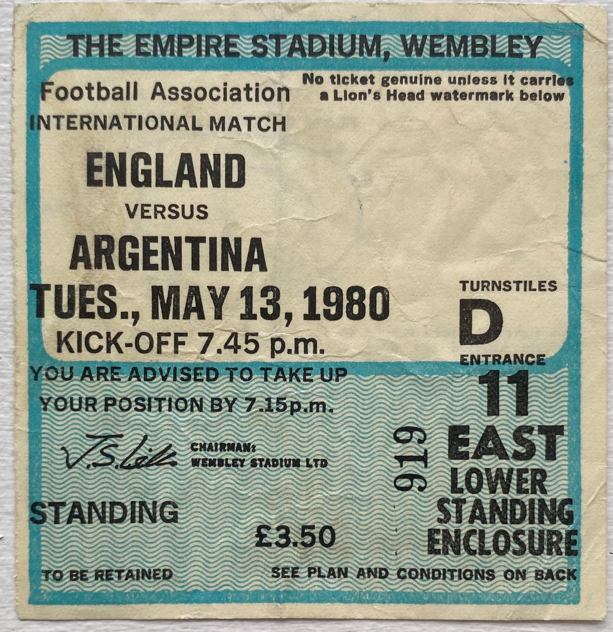1980 ORIGINAL INTERNATIONAL TICKET ENGLAND V ARGENTINA