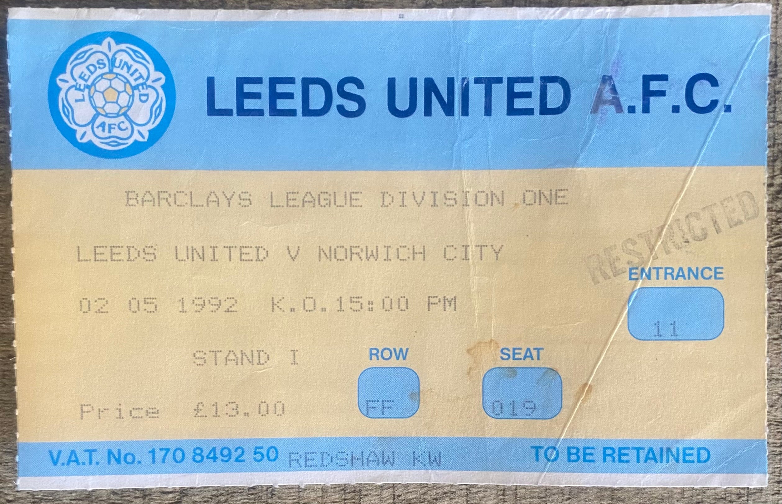 1991/92 ORIGINAL DIVISION 1 TICKET LEEDS UNITED V NORWICH CITY