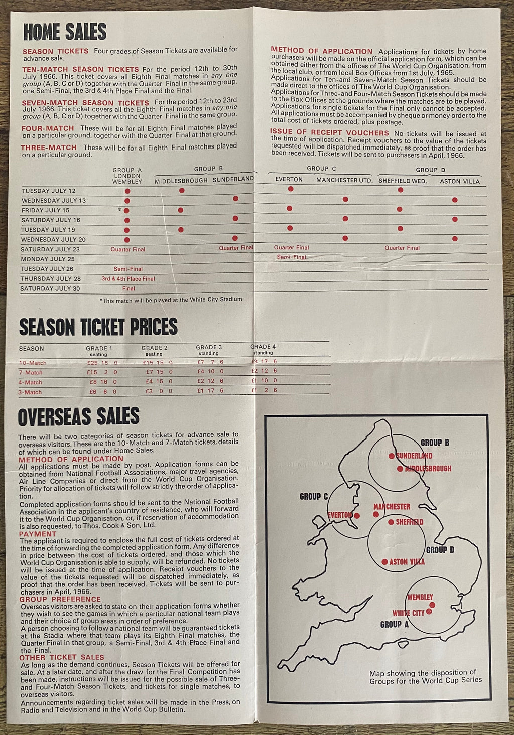 1966 WORLD CUP ORIGINAL OFFICIAL TICKET INFORMATION FOLD OUT BOOKLET