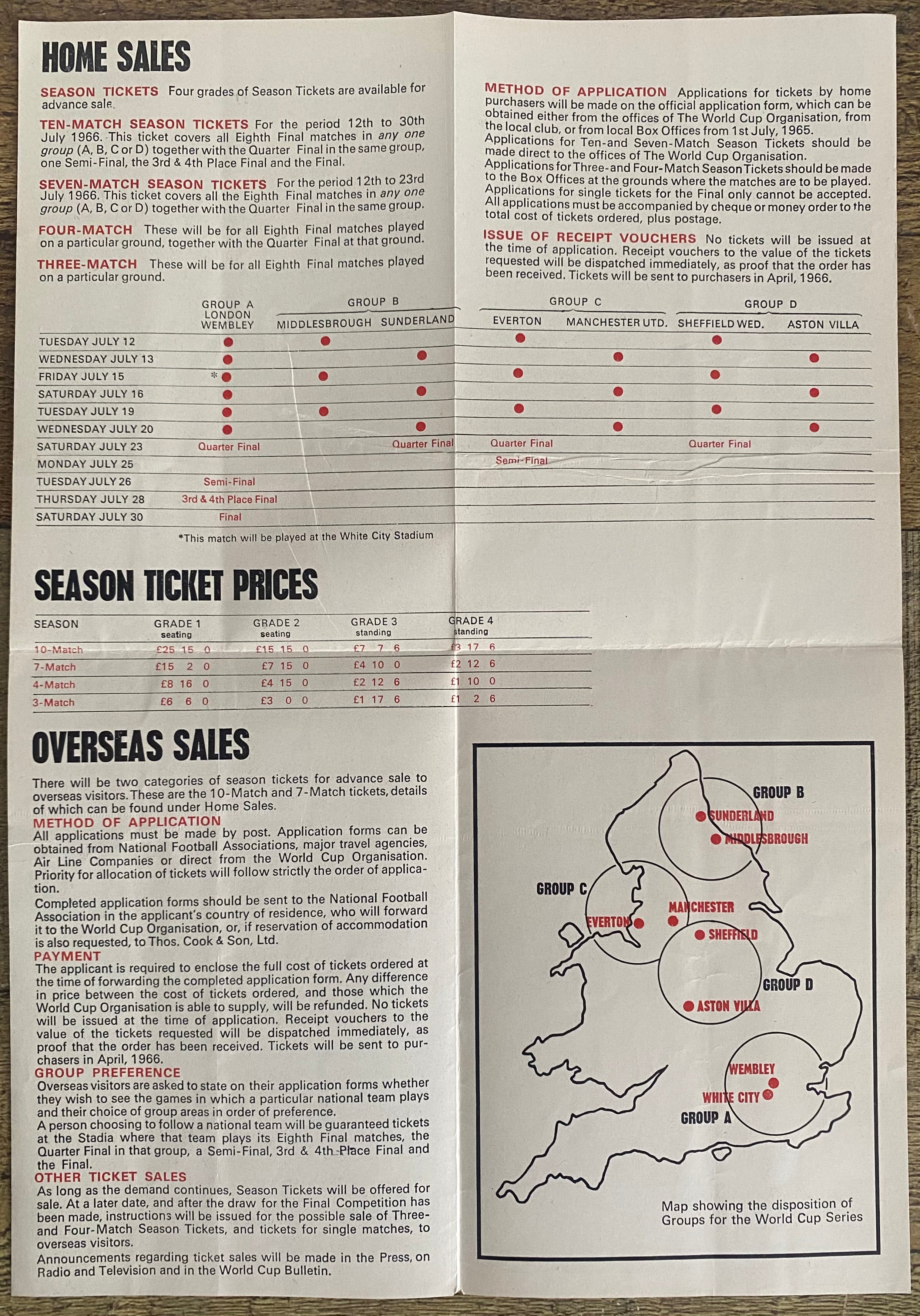 1966 WORLD CUP ORIGINAL OFFICIAL TICKET INFORMATION FOLD OUT BOOKLET