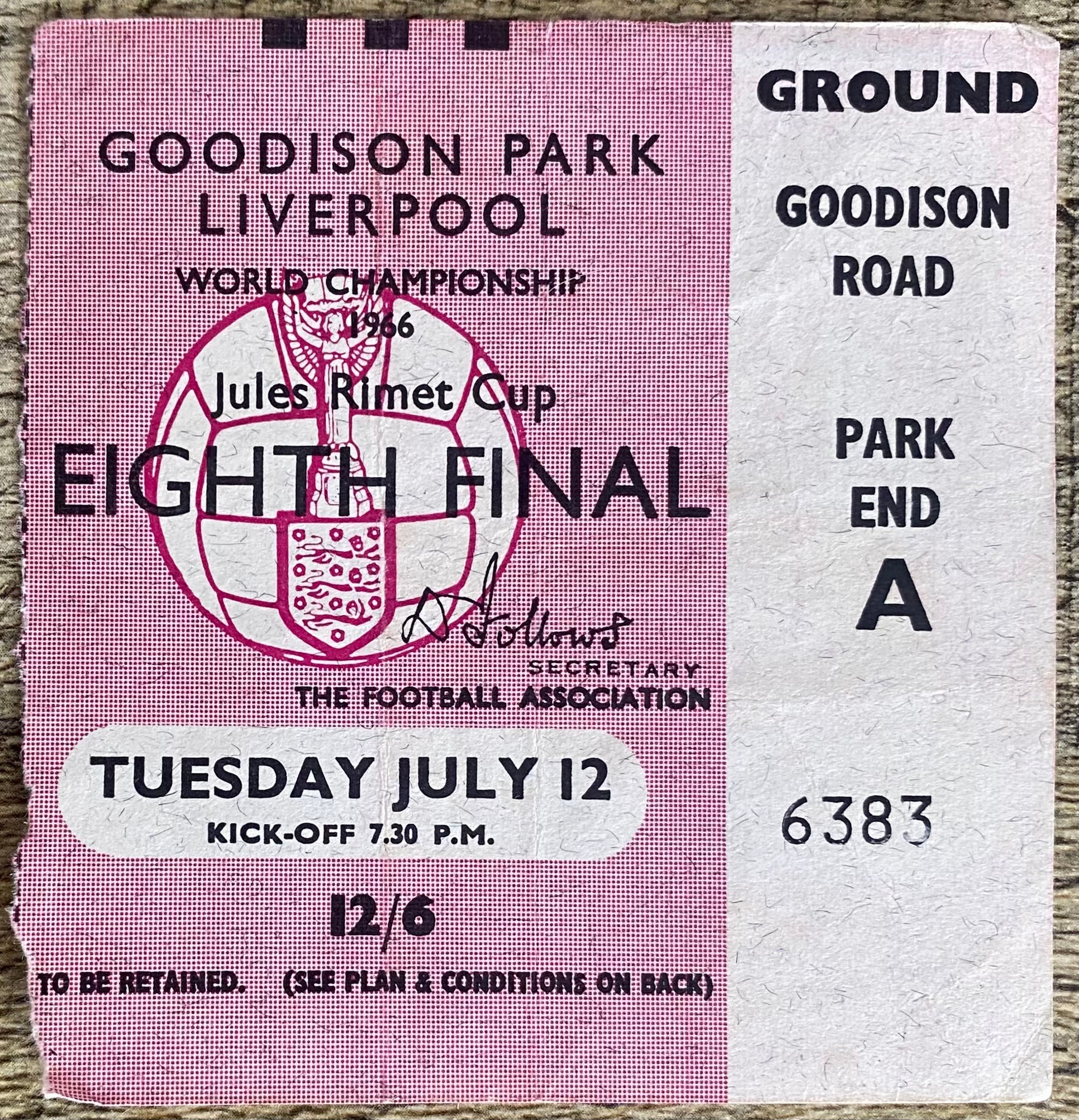 1966 ORIGINAL WORLD CUP 1ST ROUND TICKET BRAZIL V BULGARIA @ GOODISON PARK