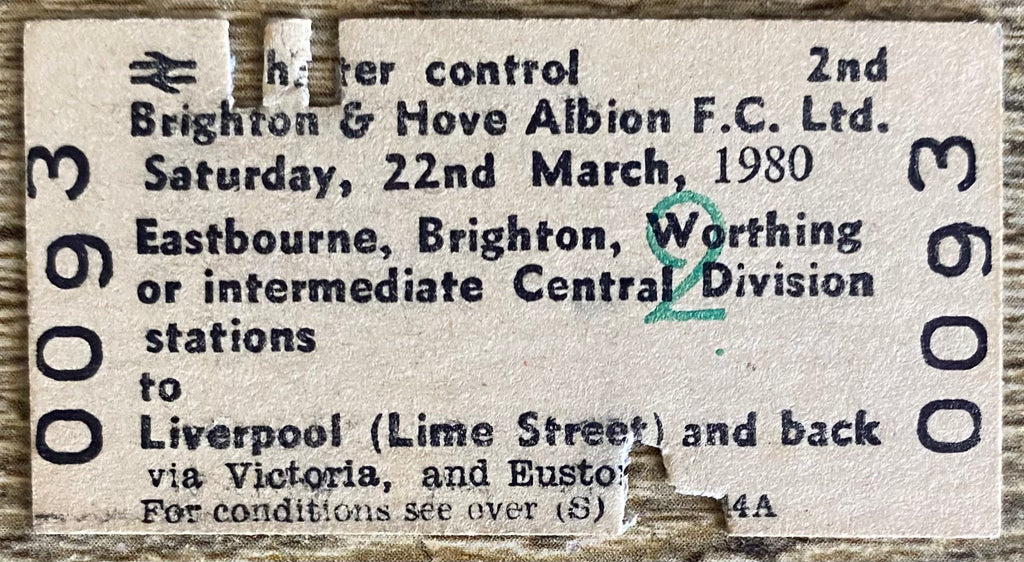 1980 ORIGINAL FOOTBALL SPECIAL BRITISH RAIL TRAIN TICKET BRIGHTON AND HOVE ALBION TRAVELLING TO LIVERPOOL