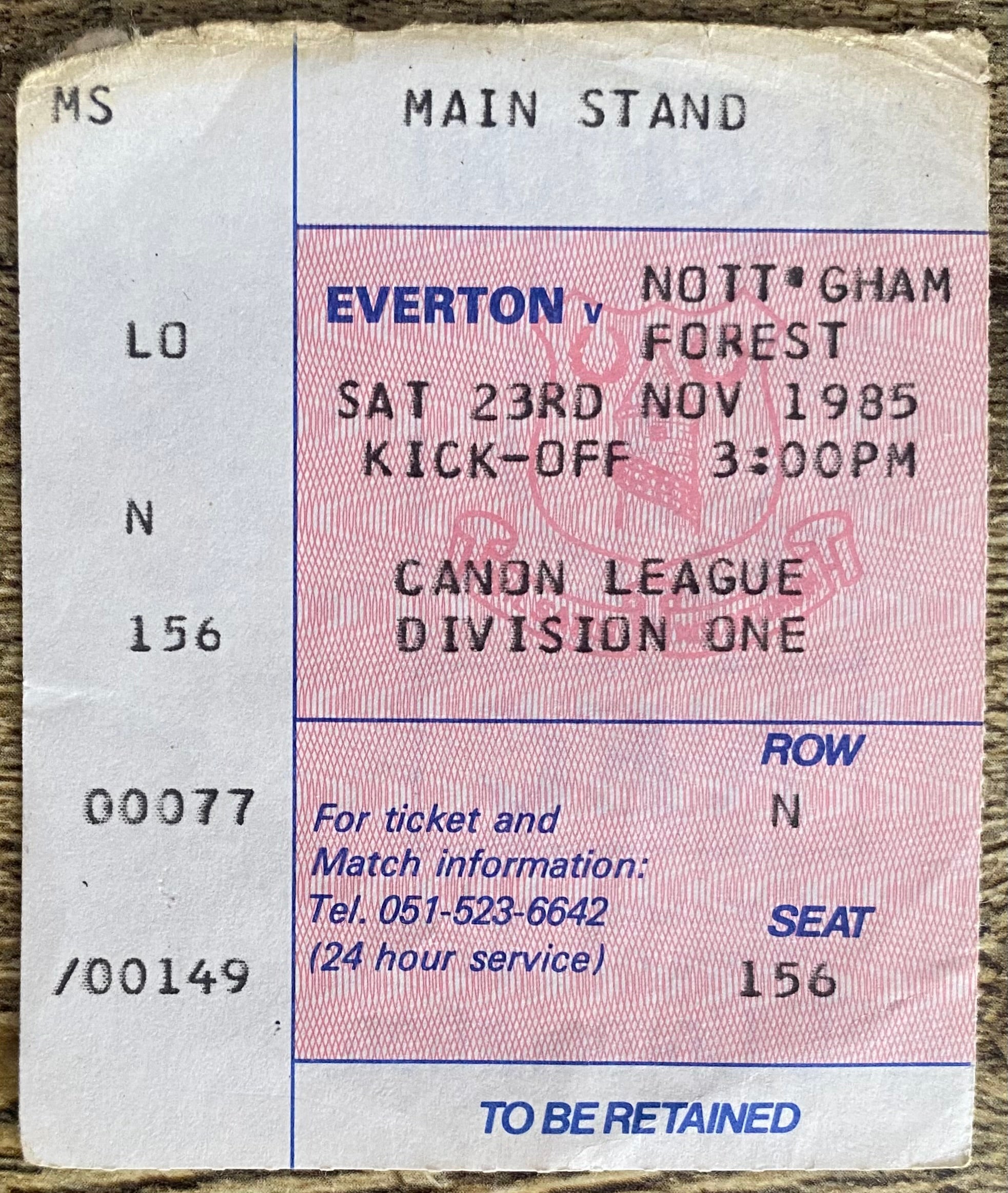 1985/86  ORIGINAL DIVISION ONE TICKET EVERTON V NOTTINGHAM FOREST
