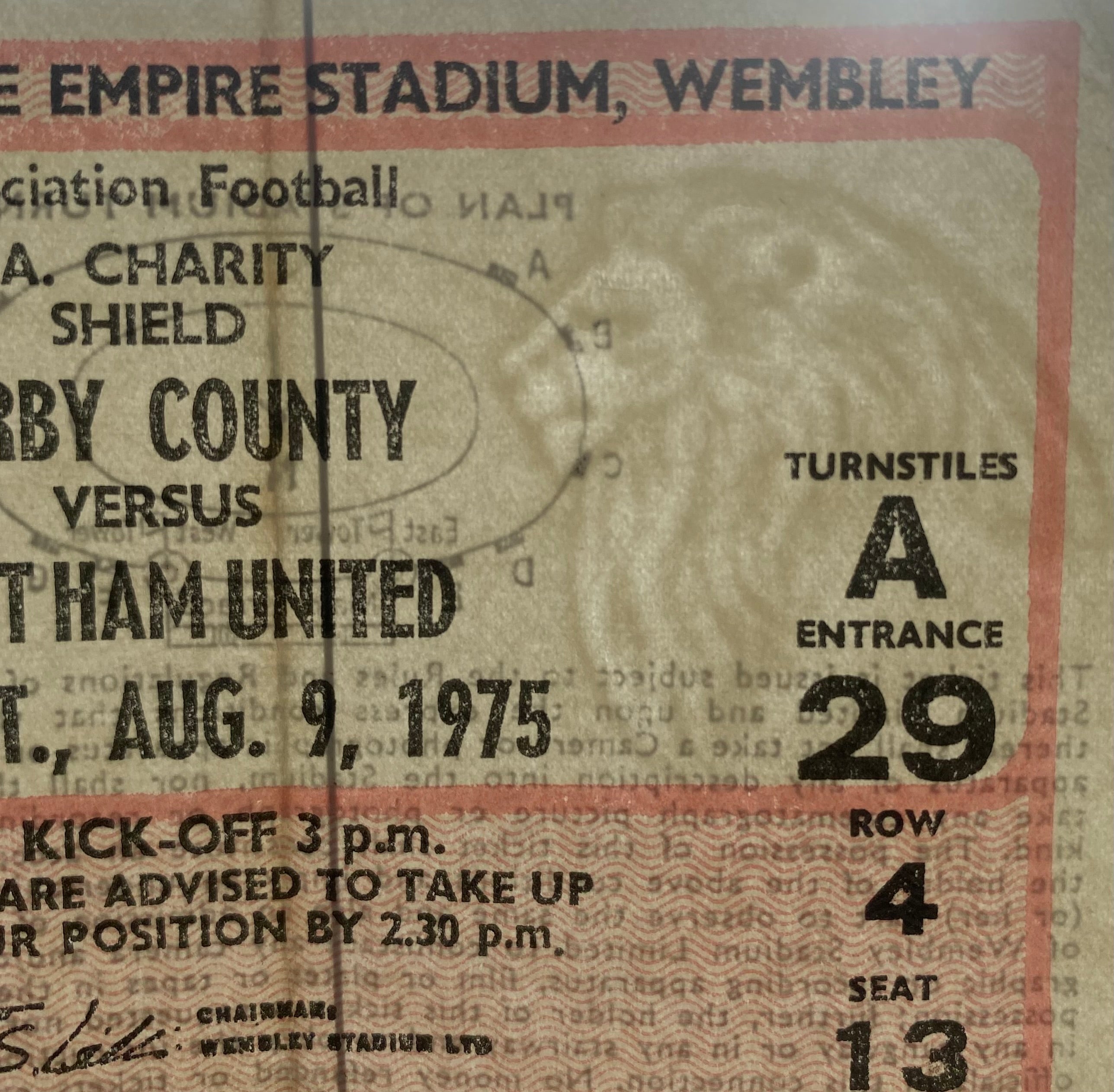 1975 ORIGINAL CHARITY SHIELD TICKET DERBY COUNTY V WEST HAM UNITED