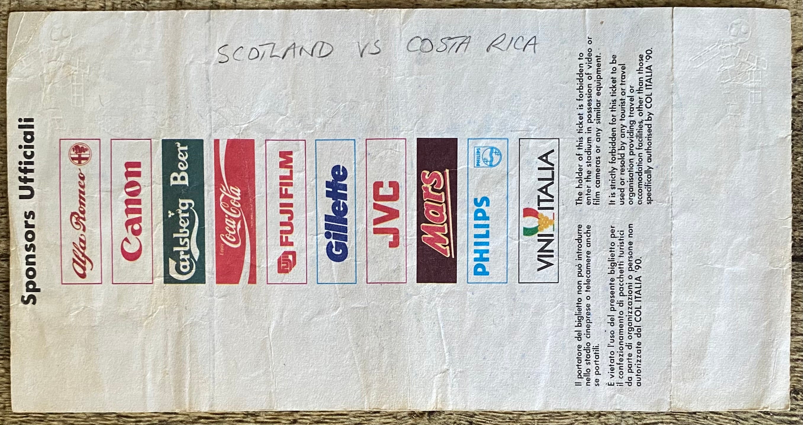 1990 ORIGINAL WORLD CUP 1ST ROUND TICKET SCOTLAND V COSTA RICA @ GENOA