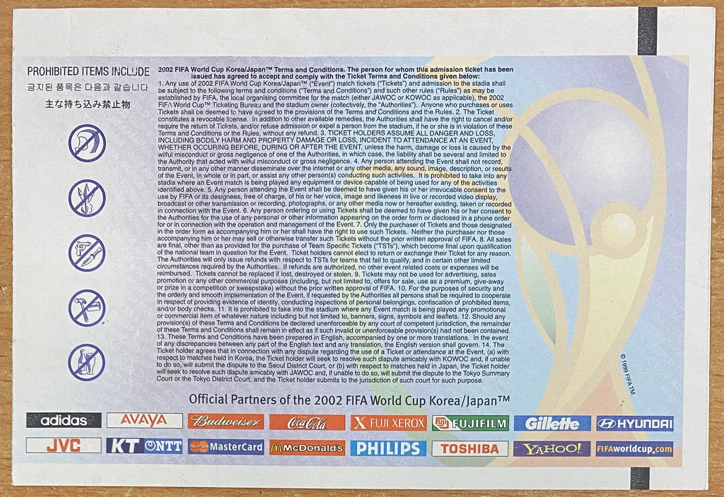 2002 ORIGINAL WORLD CUP 1ST ROUND TICKET ENGLAND V SWEDEN @ SAITAMA