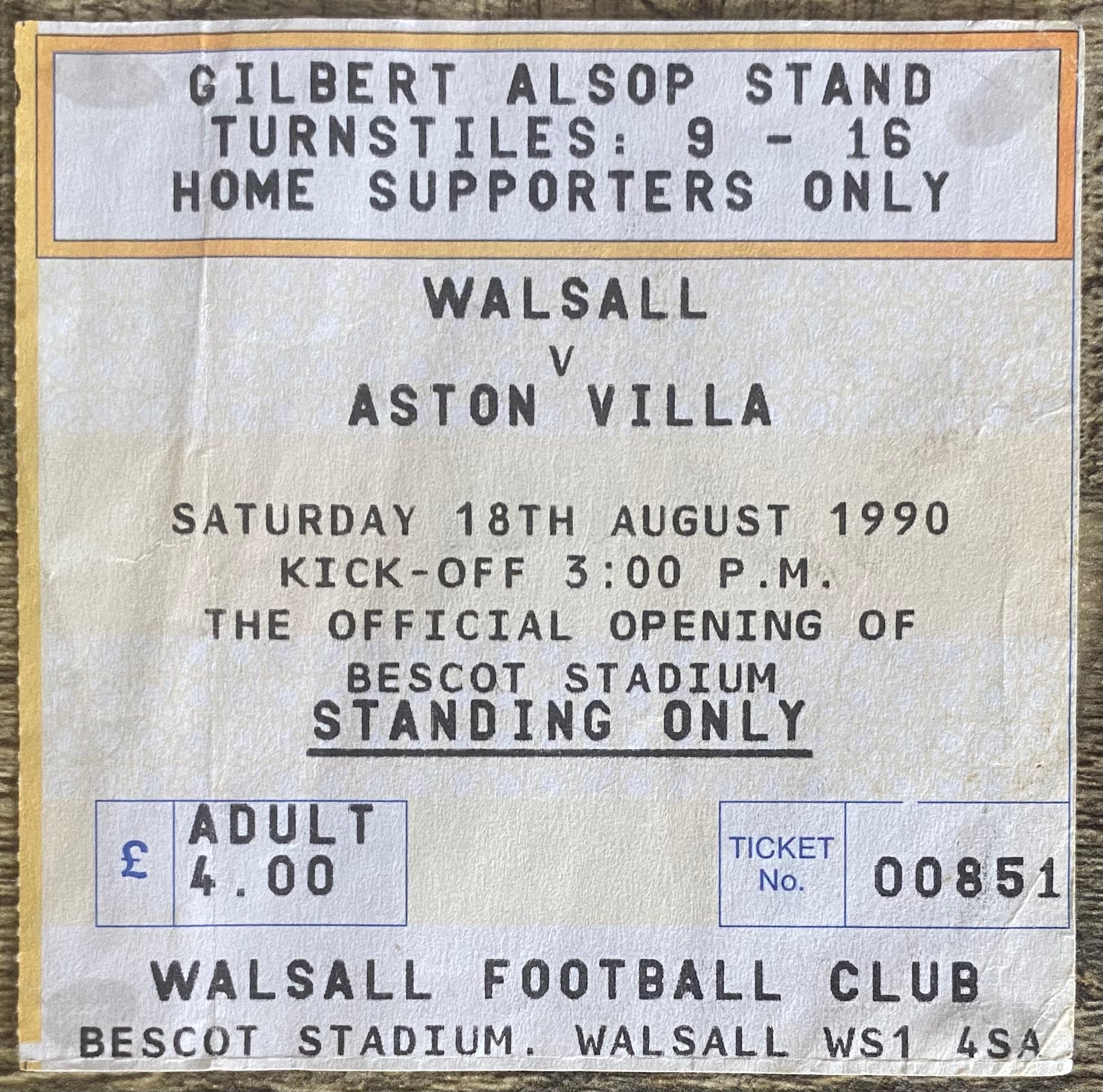1990/91 ORIGINAL BESCOT STADIUM OPENING TICKET WALSALL V ASTON VILLA
