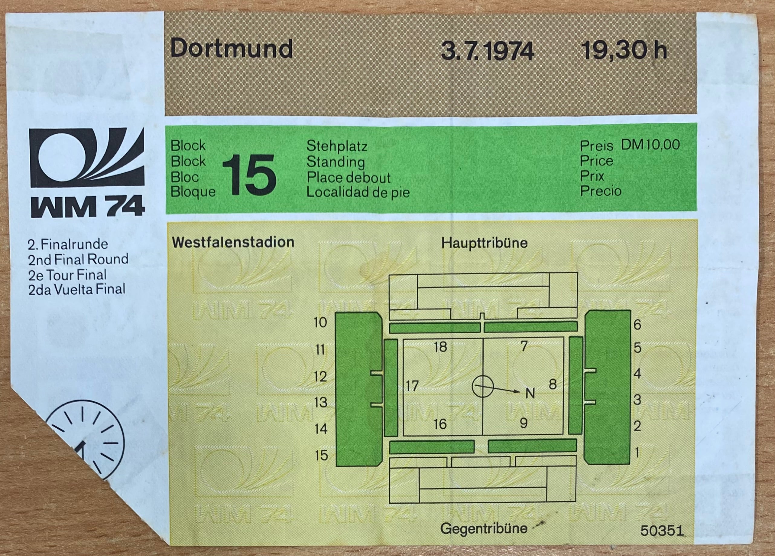 1974 ORIGINAL WORLD CUP 2ND ROUND TICKET BRAZIL V NETHERLANDS @ DORTMUND