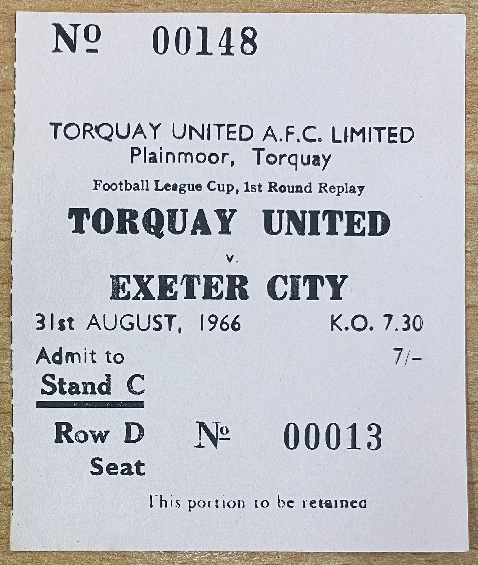 1966/67 ORIGINAL LEAGUE CUP 1ST ROUND REPLAY TICKET TORQUAY UNITED V EXETER CITY