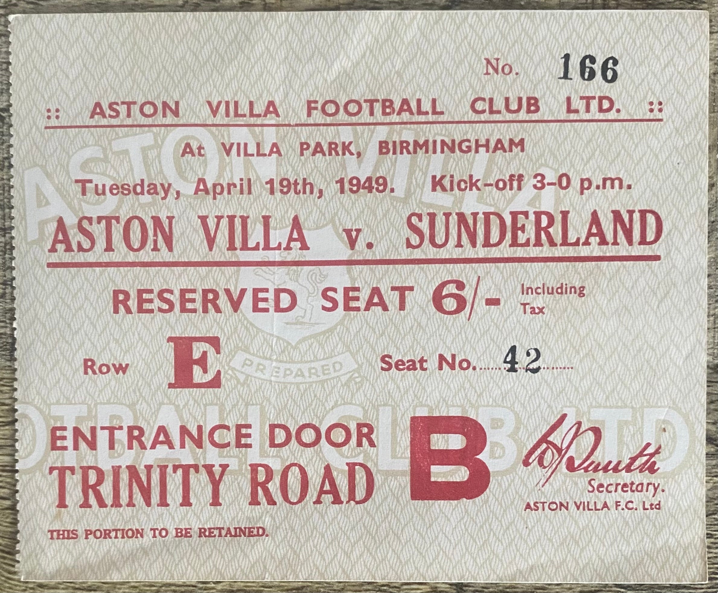 1948/49 ORIGINAL DIVISION 1 TICKET ASTON VILLA V SUNDERLAND
