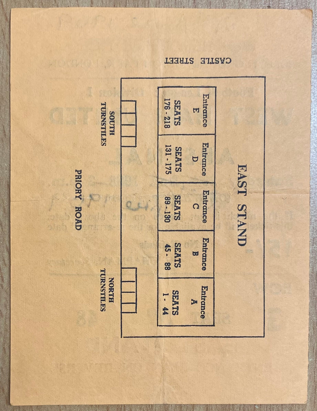 1968/69 ORIGINAL DIVISION 1 TICKET WEST HAM UNITED V ARSENAL
