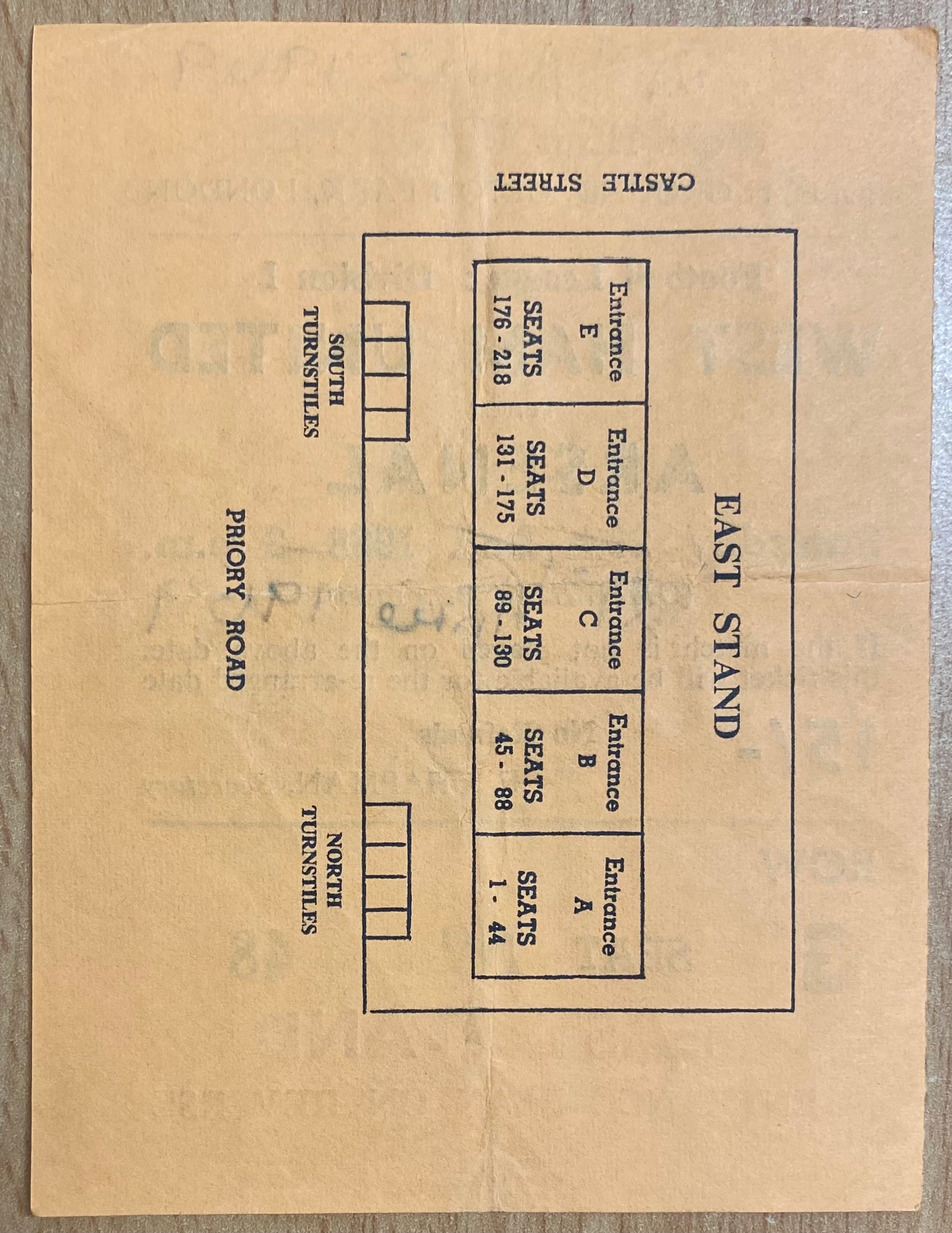 1968/69 ORIGINAL DIVISION 1 TICKET WEST HAM UNITED V ARSENAL