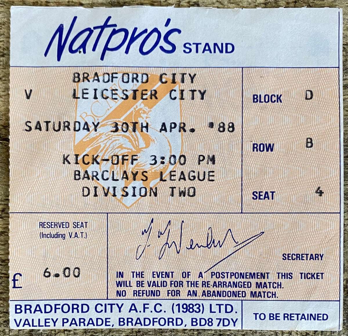 1987/88 ORIGINAL DIVISION 2 TICKET BRADFORD CITY V LEICESTER CITY