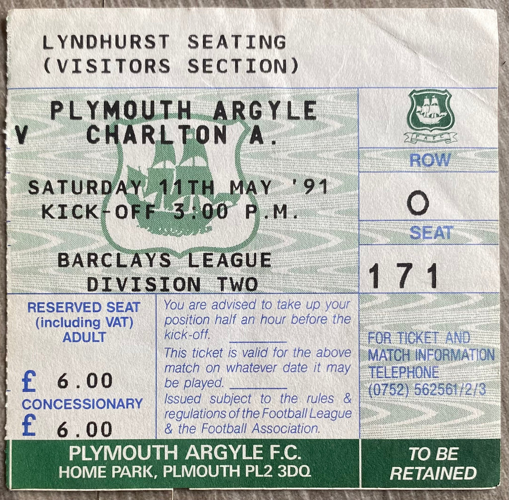 1990/91 ORIGINAL DIVISION 2 TICKET PLYMOUTH ARGYLE V CHARLTON ATHLETIC