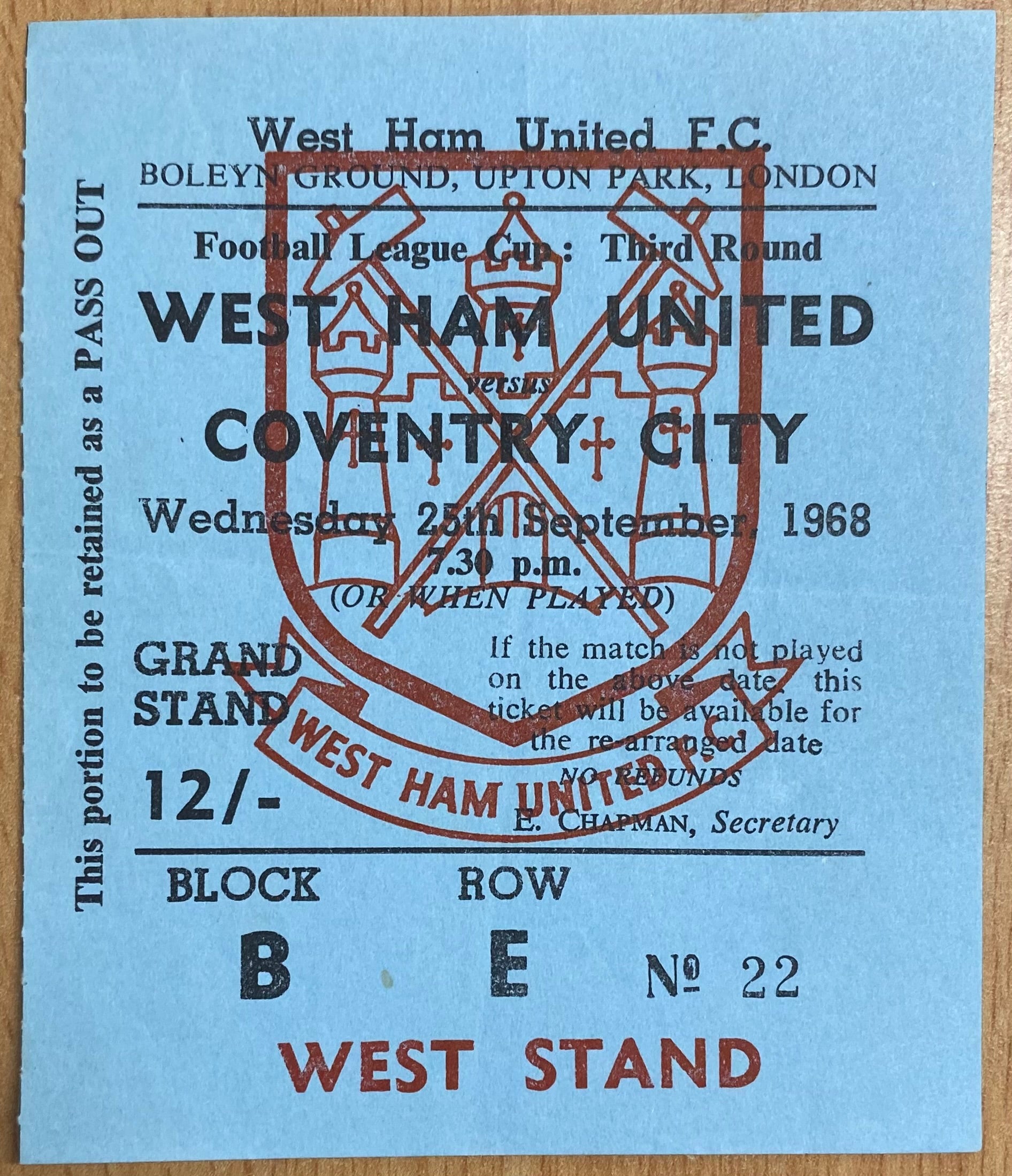 1968/69 ORIGINAL LEAGUE CUP 3RD ROUND TICKET WEST HAM UNITED V COVENTRY CITY