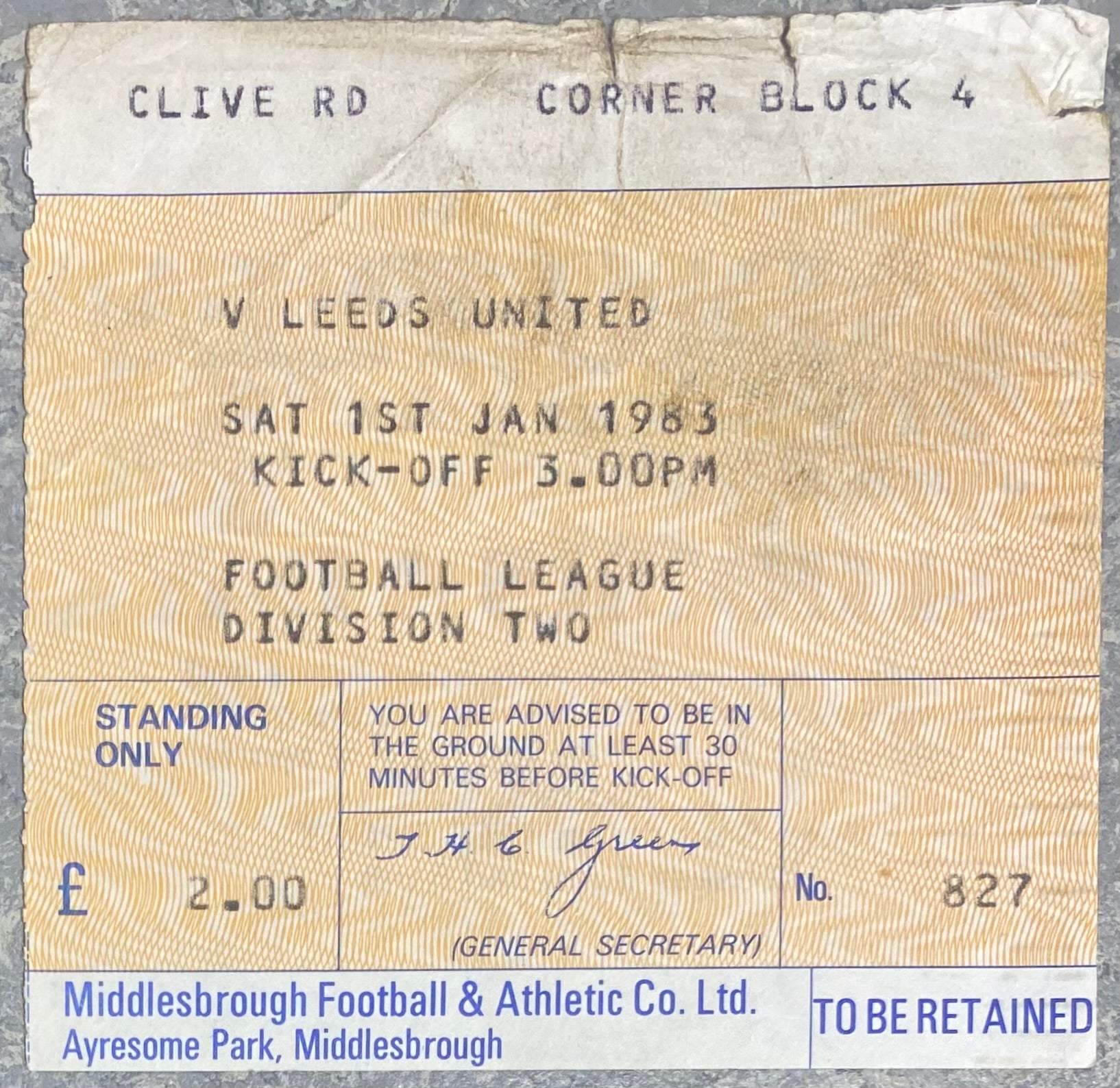 1982/83 ORIGINAL DIVISION TWO TICKET MIDDLESBROUGH V LEEDS UNITED
