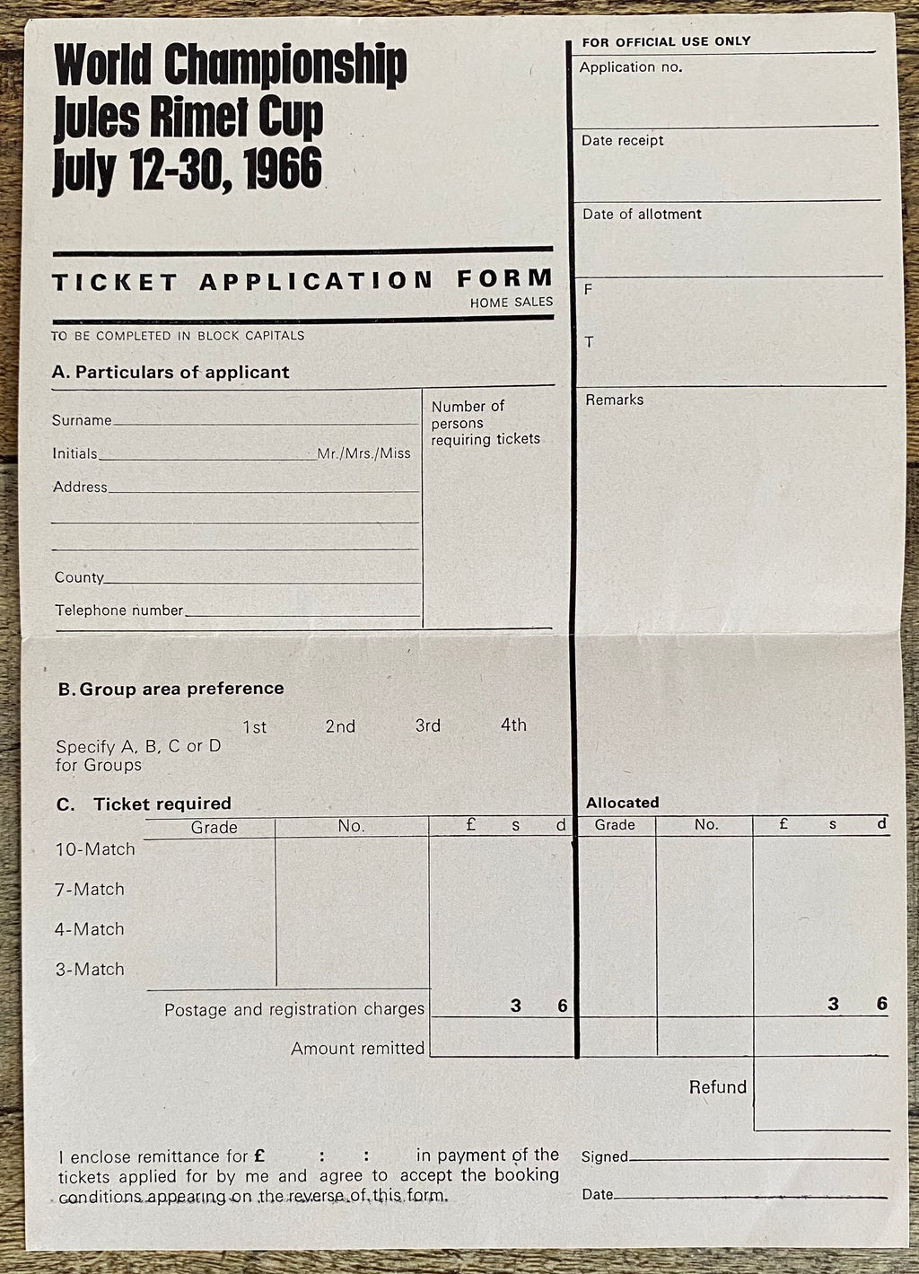 1966 WORLD CUP ORIGINAL OFFICIAL TICKET APPLICATION FORM