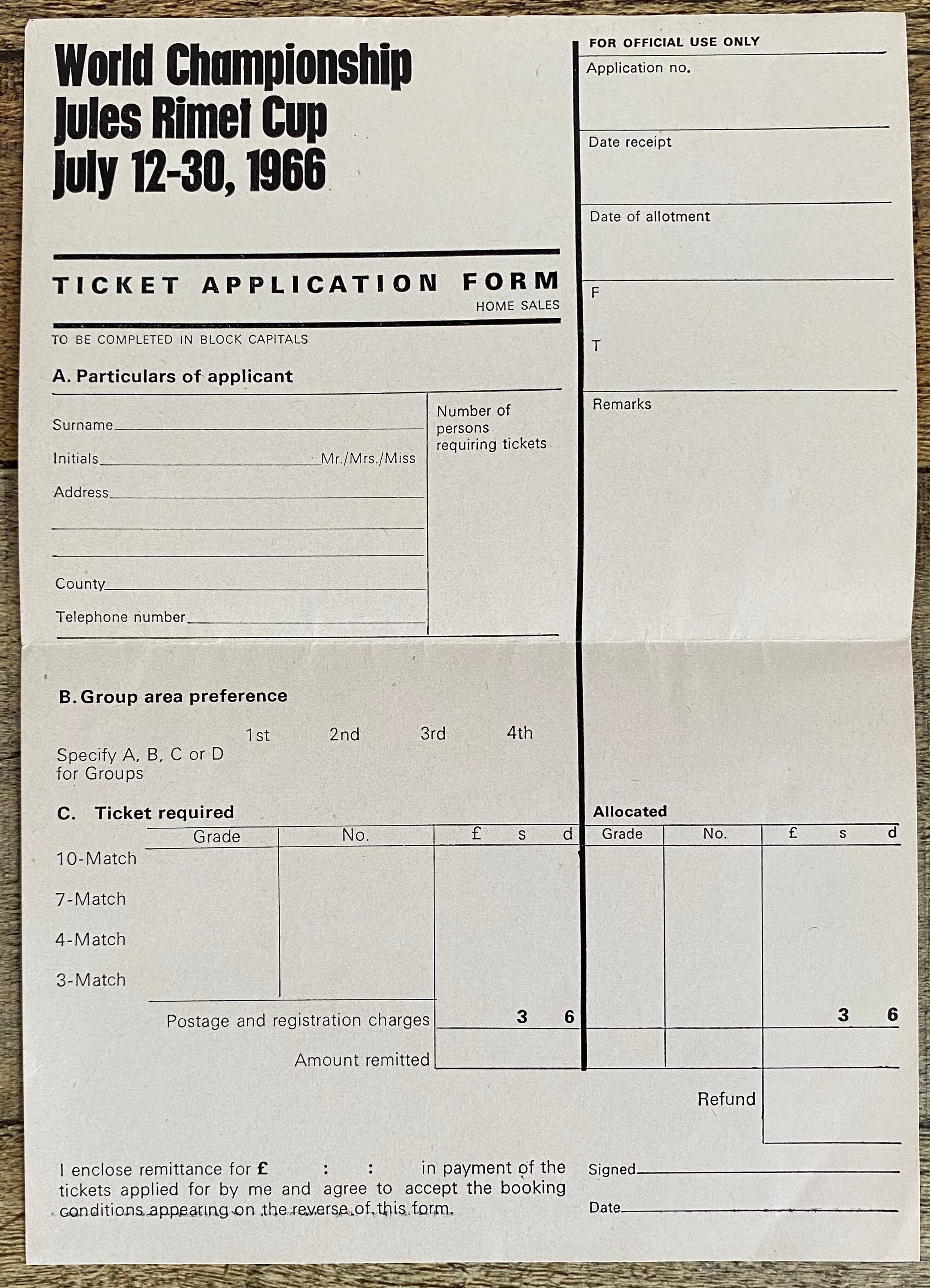 1966 WORLD CUP ORIGINAL OFFICIAL TICKET APPLICATION FORM
