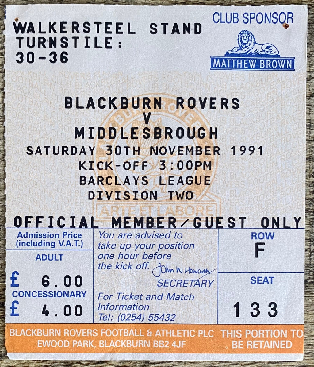 1991/92 ORIGINAL DIVISION 2 TICKET BLACKBURN ROVERS V MIDDLESBROUGH