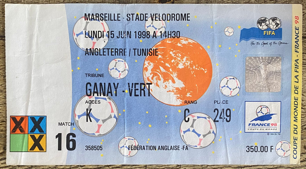 1998 ORIGINAL WORLD CUP 1ST ROUND TICKET ENGLAND V TUNISIA @ MARSEILLE