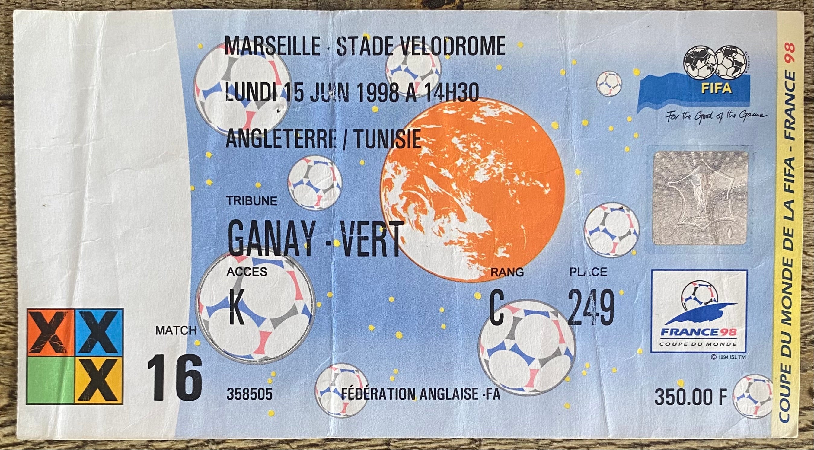 1998 ORIGINAL WORLD CUP 1ST ROUND TICKET ENGLAND V TUNISIA @ MARSEILLE