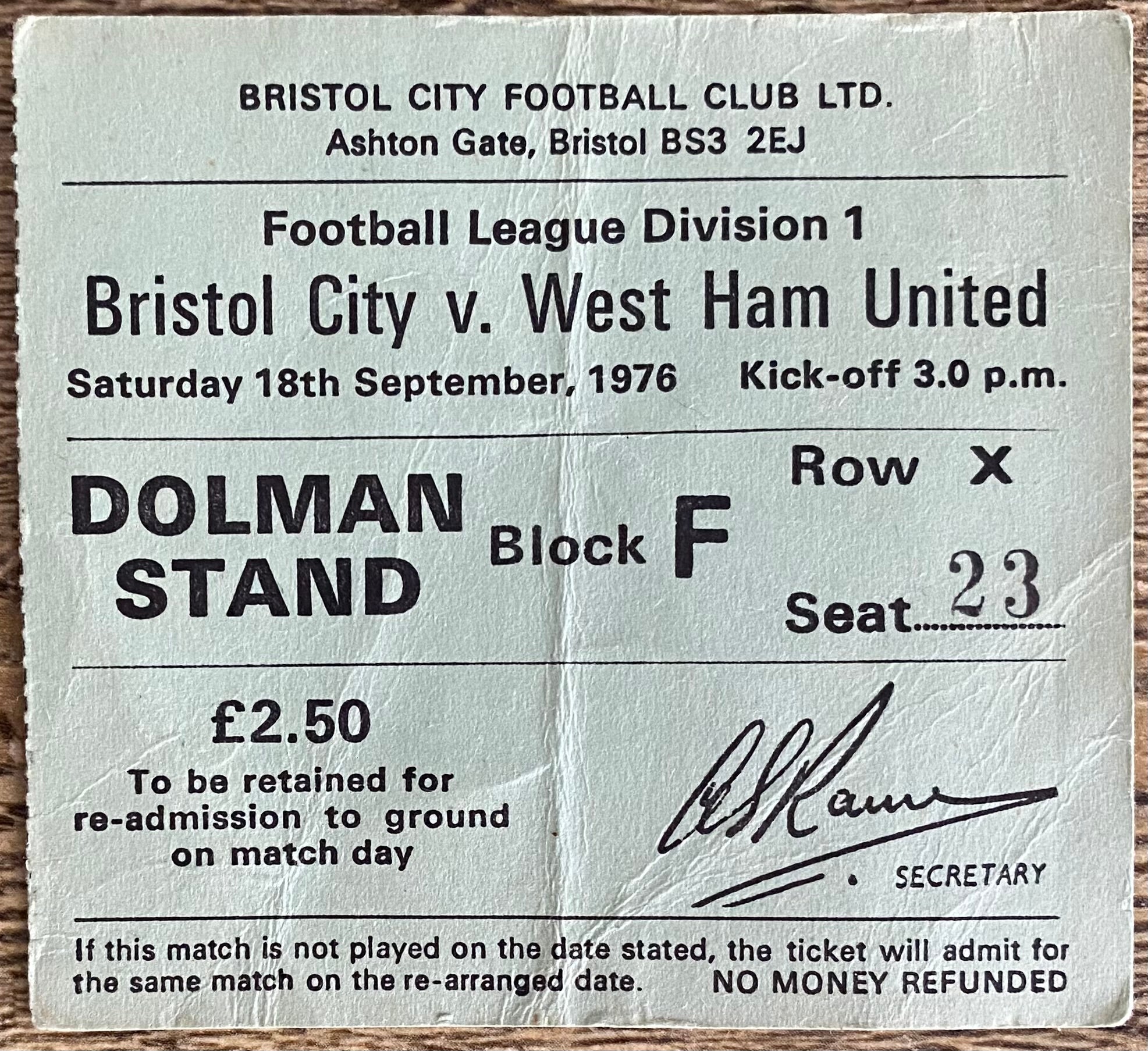 1976/77 ORIGINAL DIVISION 1 TICKET BRISTOL CITY V WEST HAM UNITED