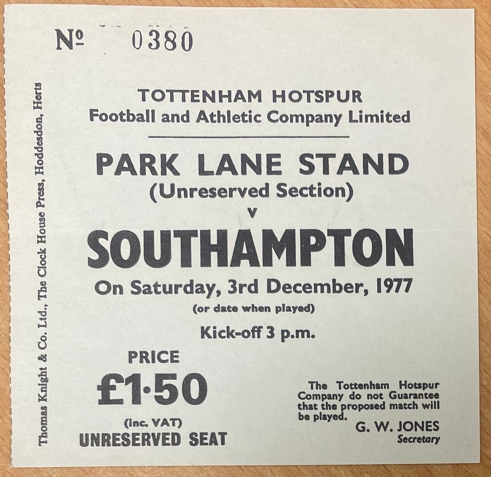1977/78 ORIGINAL DIVISION TWO TICKET TOTTENHAM HOTSPUR V SOUTHAMPTON