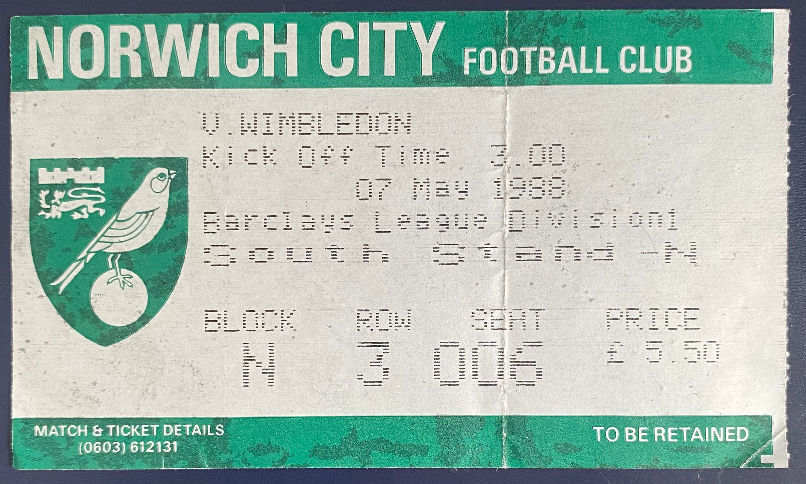 1987/88 ORIGINAL FA PREMIER LEAGUE TICKET NORWICH CITY V WIMBLEDON