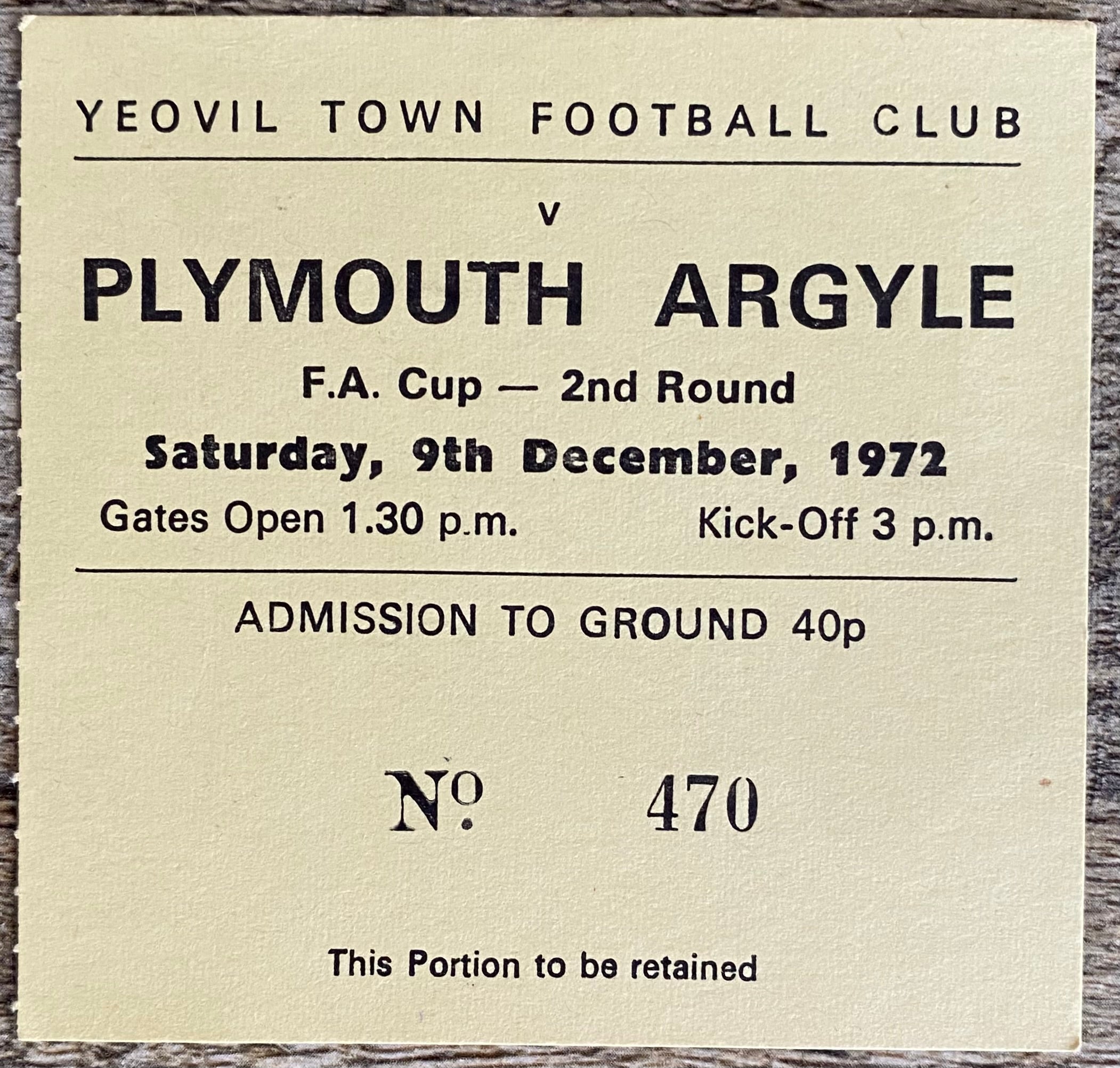 1972/73  ORIGINAL FA CUP 2ND ROUND TICKET YEOVIL TOWN V PLYMOUTH ARGYLE