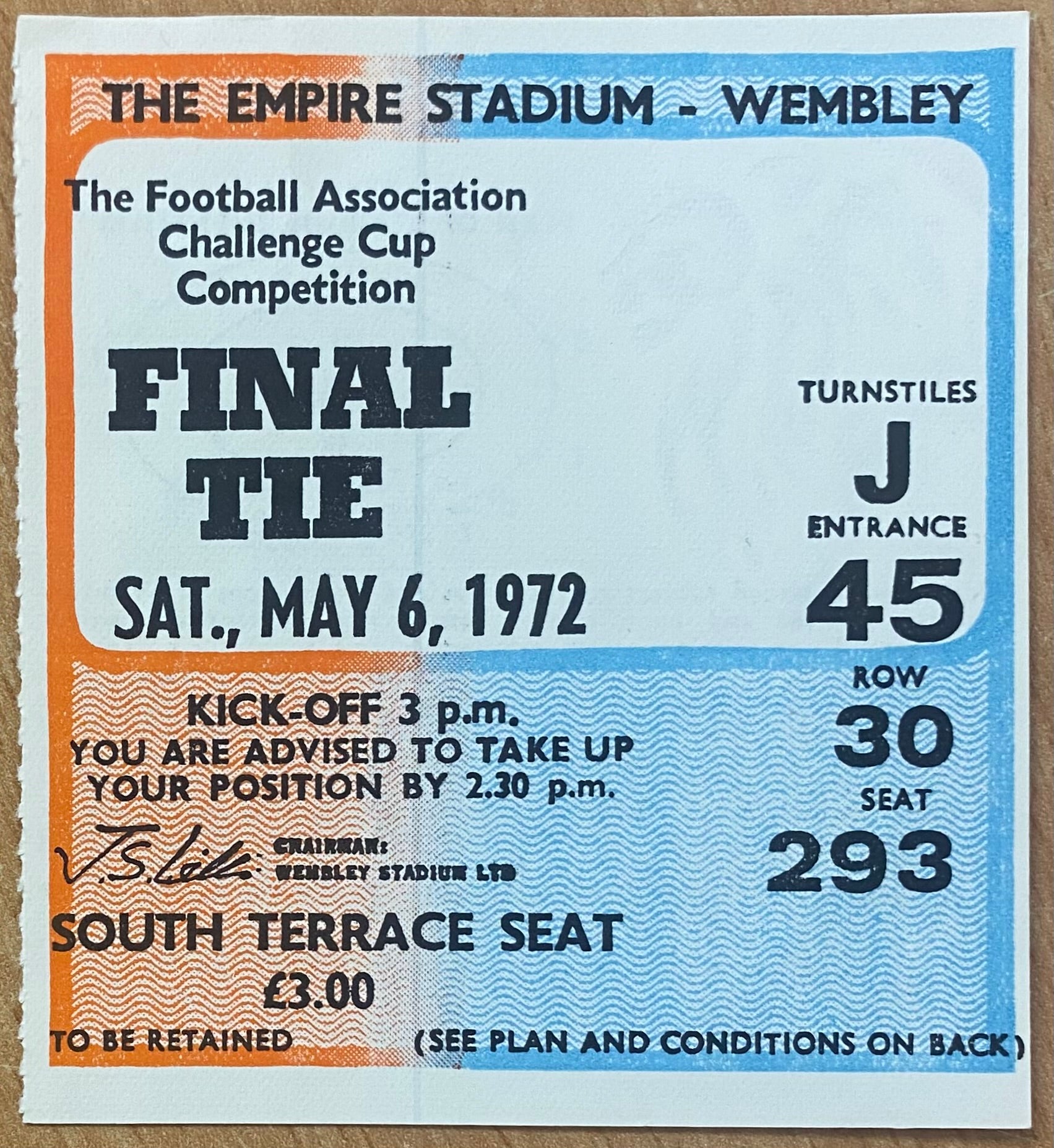 1972 ORIGINAL FA CUP FINAL TICKET ARSENAL V LEEDS UNITED