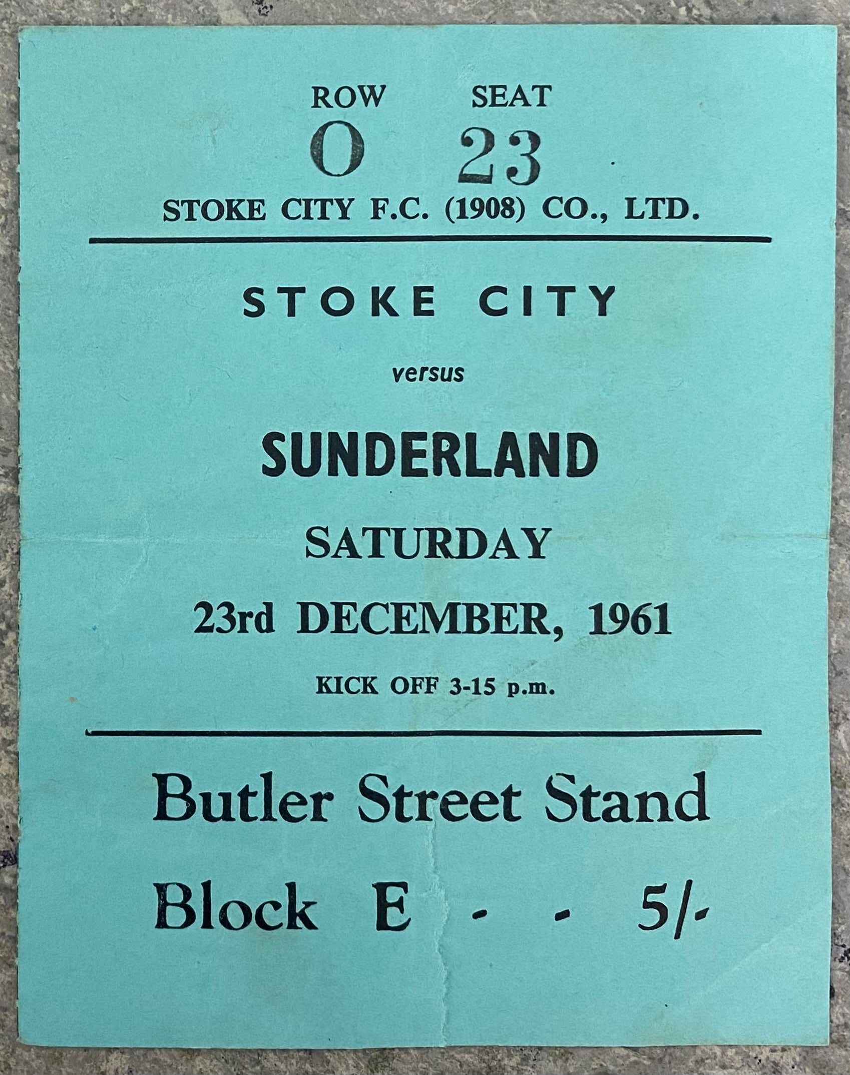1961/62 ORIGINAL DIVISION 2 TICKET STOKE CITY V SUNDERLAND