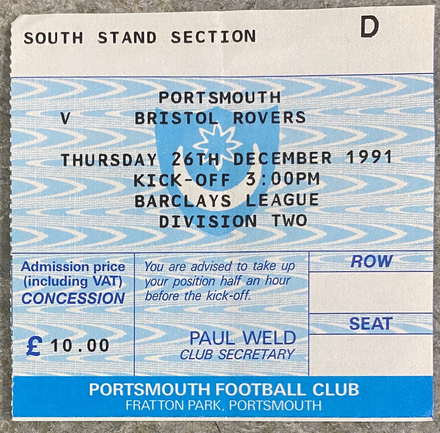 1991/92 ORIGINAL DIVISION 2 TICKET PORTSMOUTH V BRISTOL ROVERS